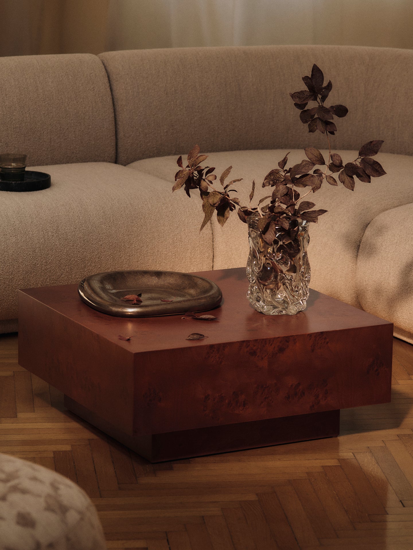 BURL brown veneer coffee table with drawer made of poplar burl