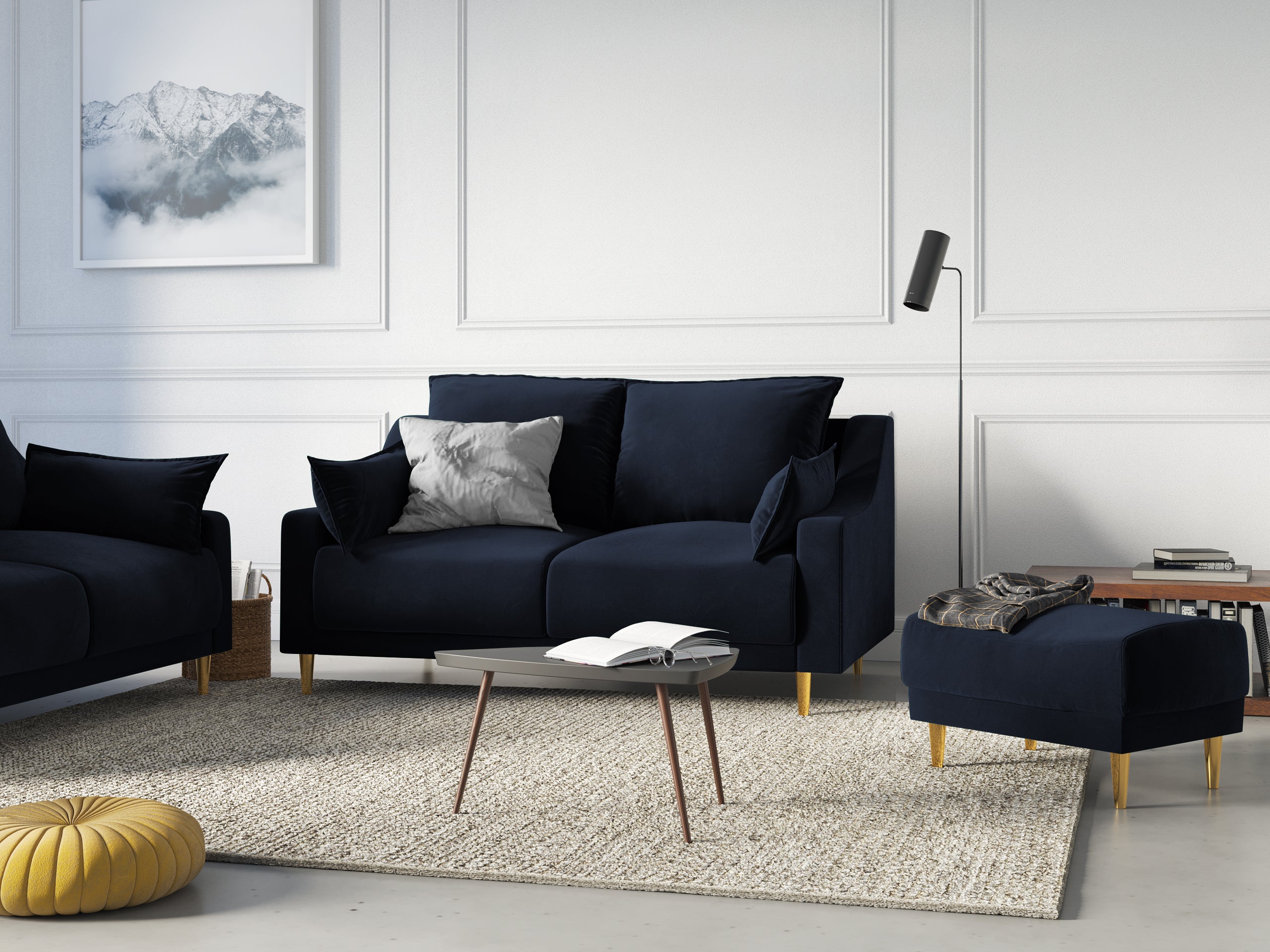 Sofa aksamitna 2-osobowa FREESIA ciemnoniebieski ze złotą podstawą Mazzini Sofas    Eye on Design