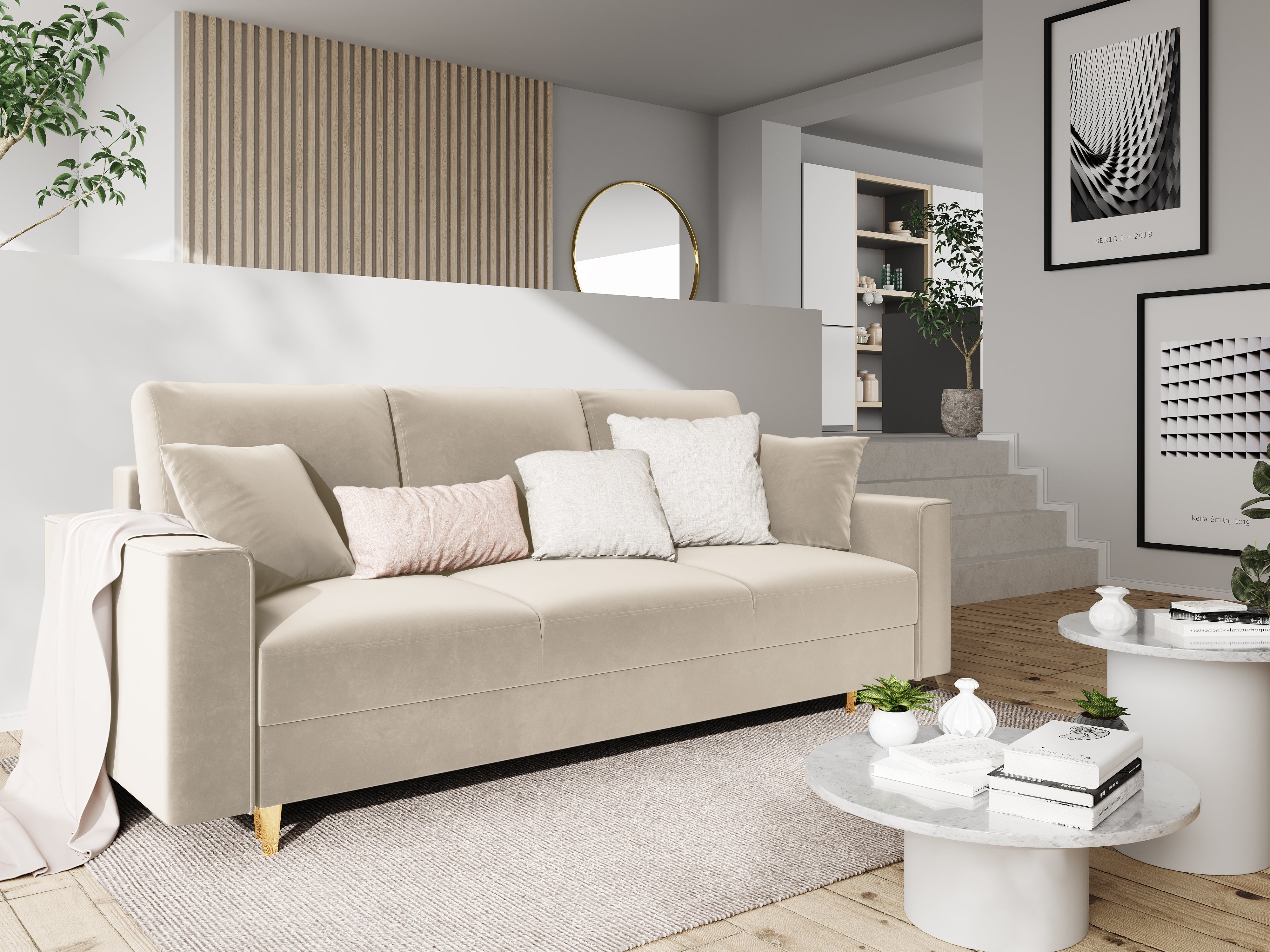 Sofa aksamitna z funkcją spania CARTADERA beżowy ze złotą podstawą Mazzini Sofas    Eye on Design