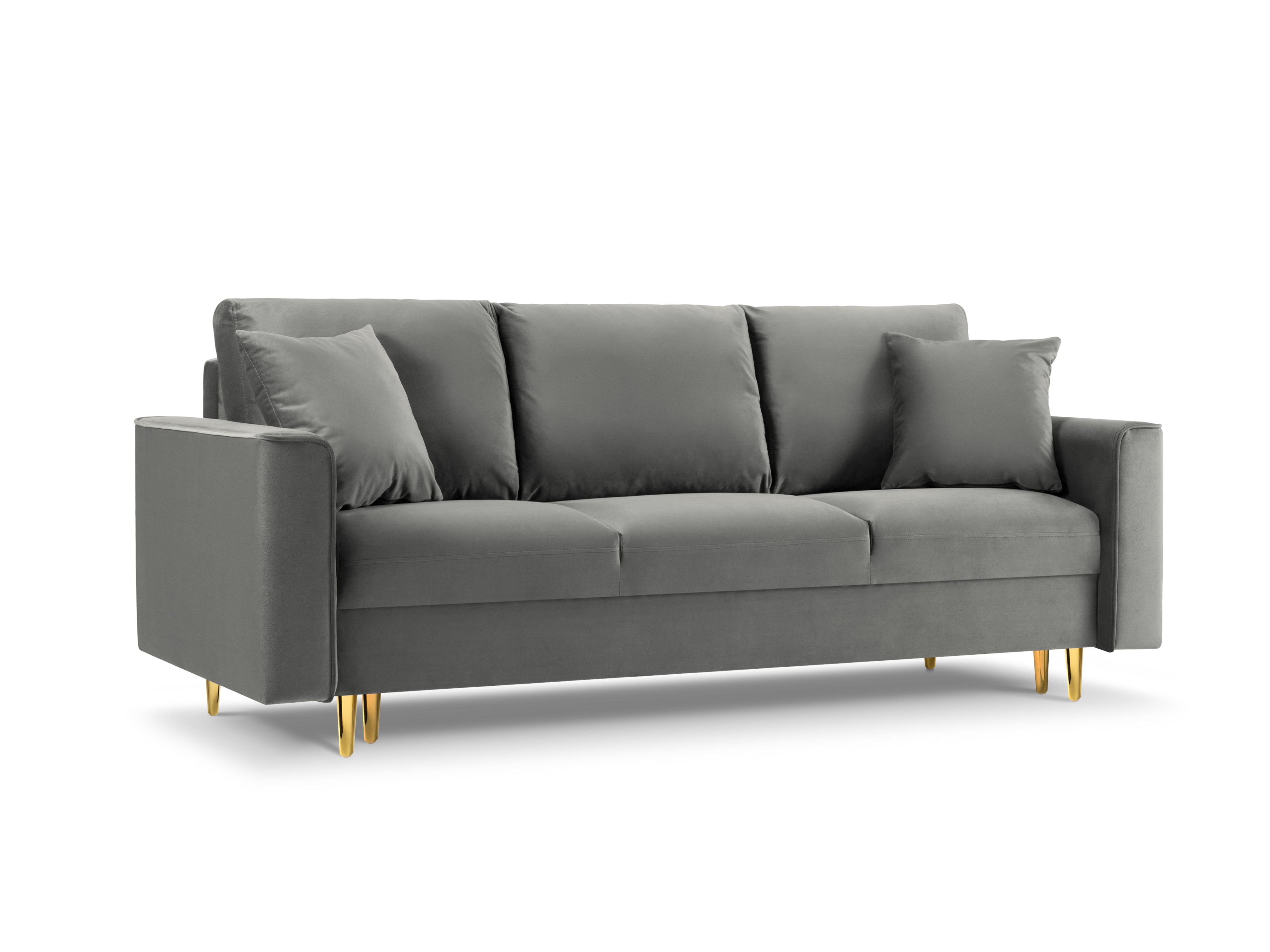 Sofa aksamitna z funkcją spania CARTADERA jasnoszary ze złotą podstawą Mazzini Sofas    Eye on Design