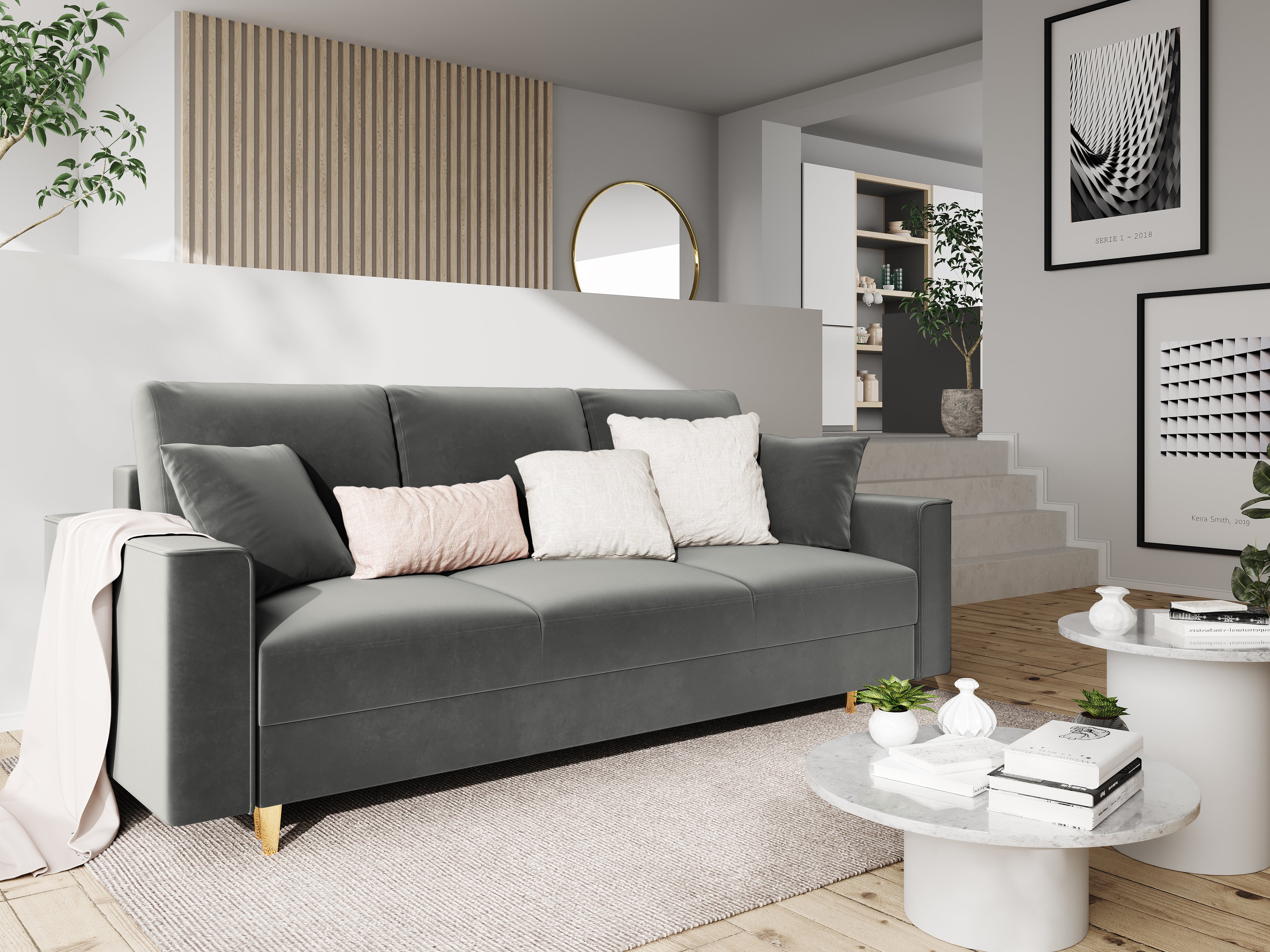 Sofa aksamitna z funkcją spania CARTADERA jasnoszary ze złotą podstawą Mazzini Sofas    Eye on Design