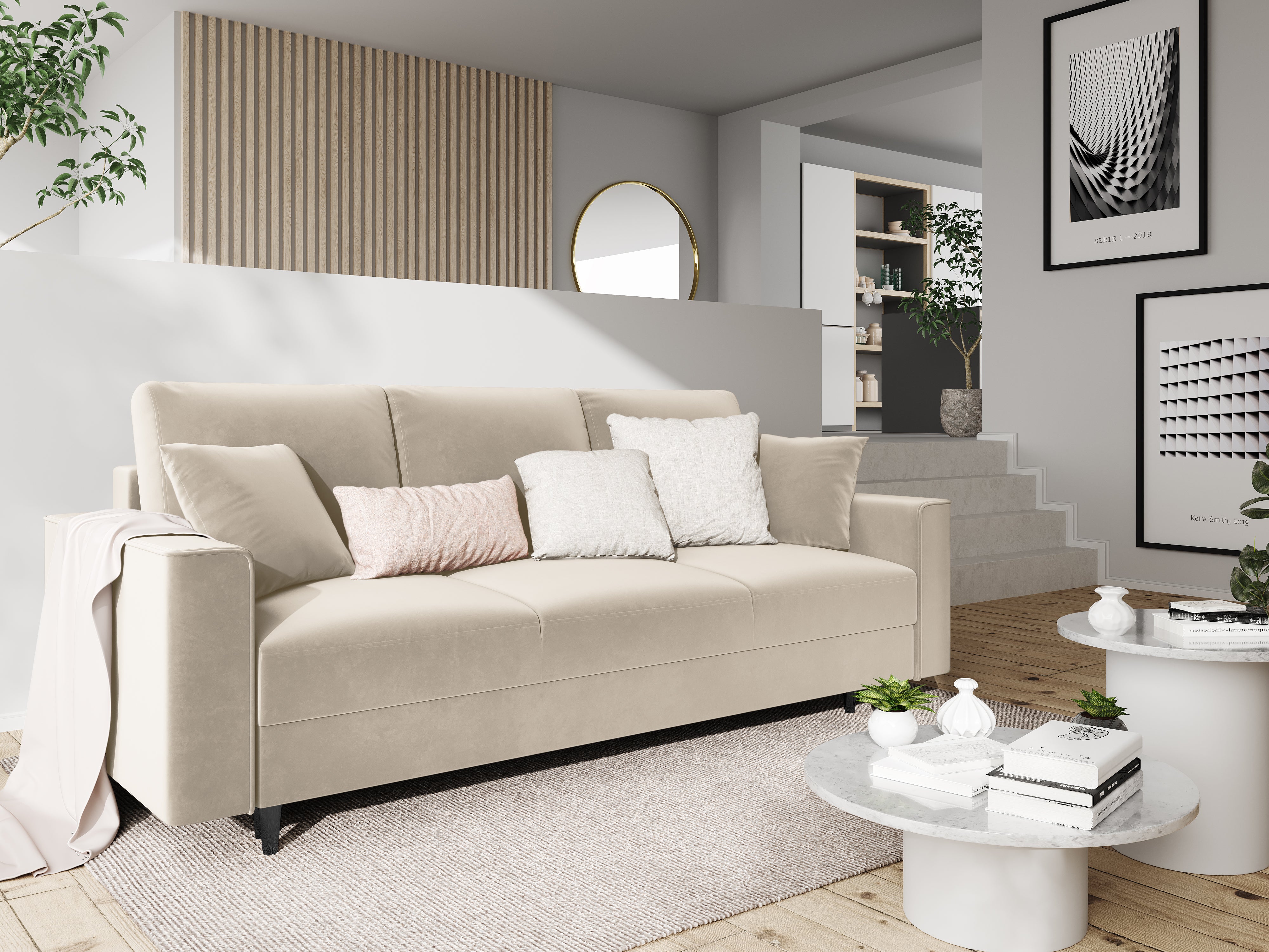 Sofa aksamitna z funkcją spania CARTADERA beżowy z czarną podstawą Mazzini Sofas    Eye on Design