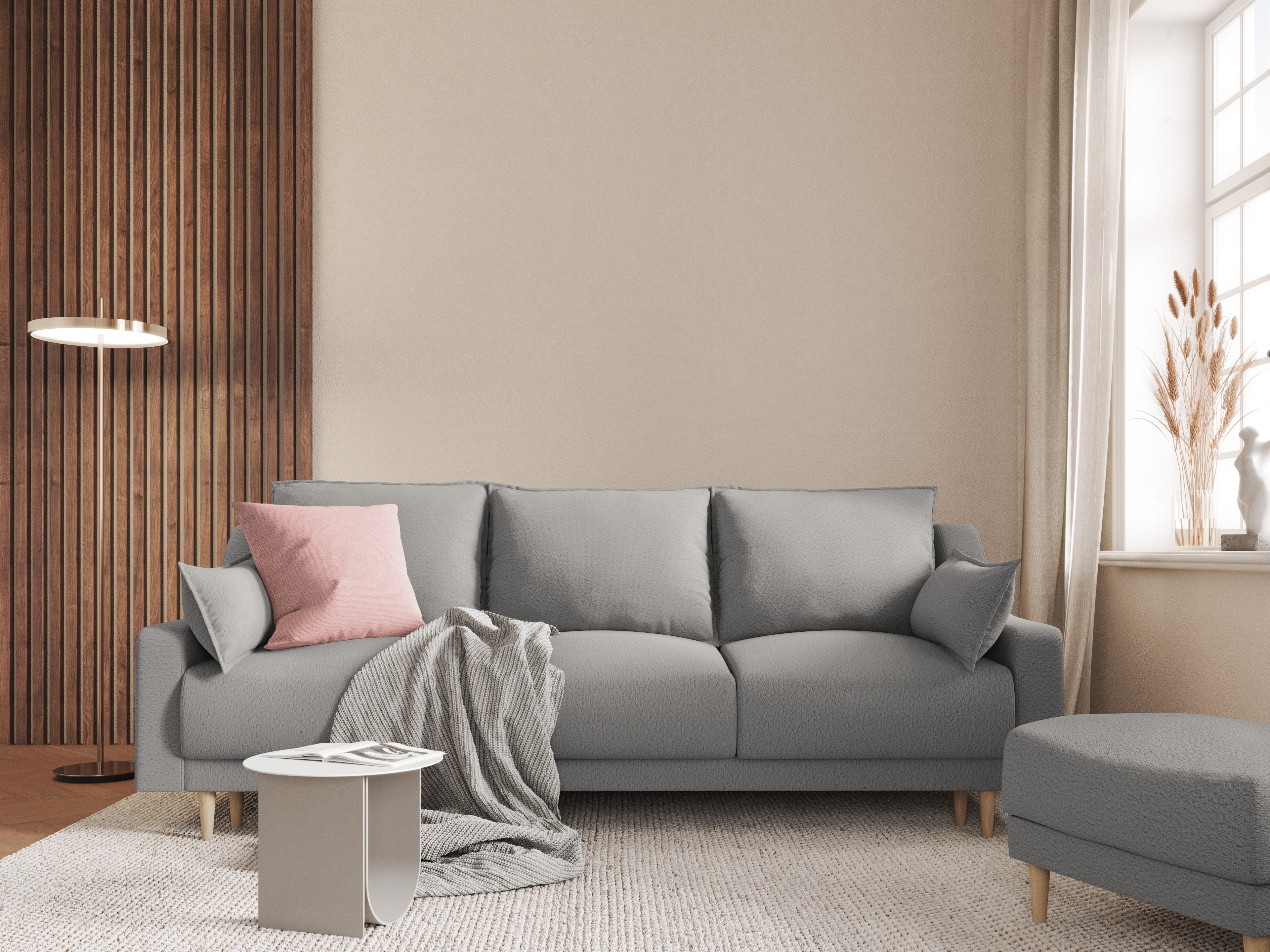 Sofa z funkcją spania FREESIA boucle szary z drewnianą podstawą Mazzini Sofas    Eye on Design