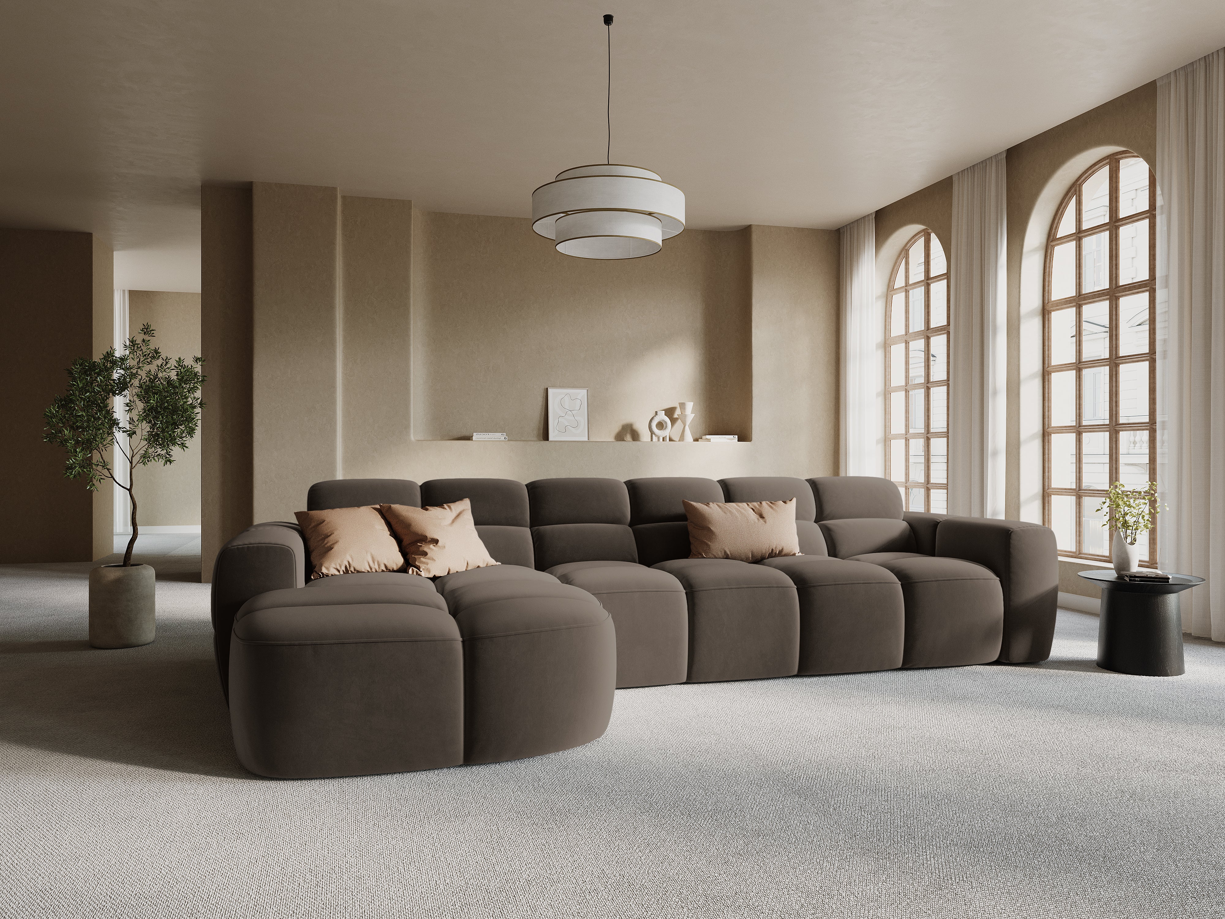 Velvet corner sofa left-sided LISA light brown [Monika]