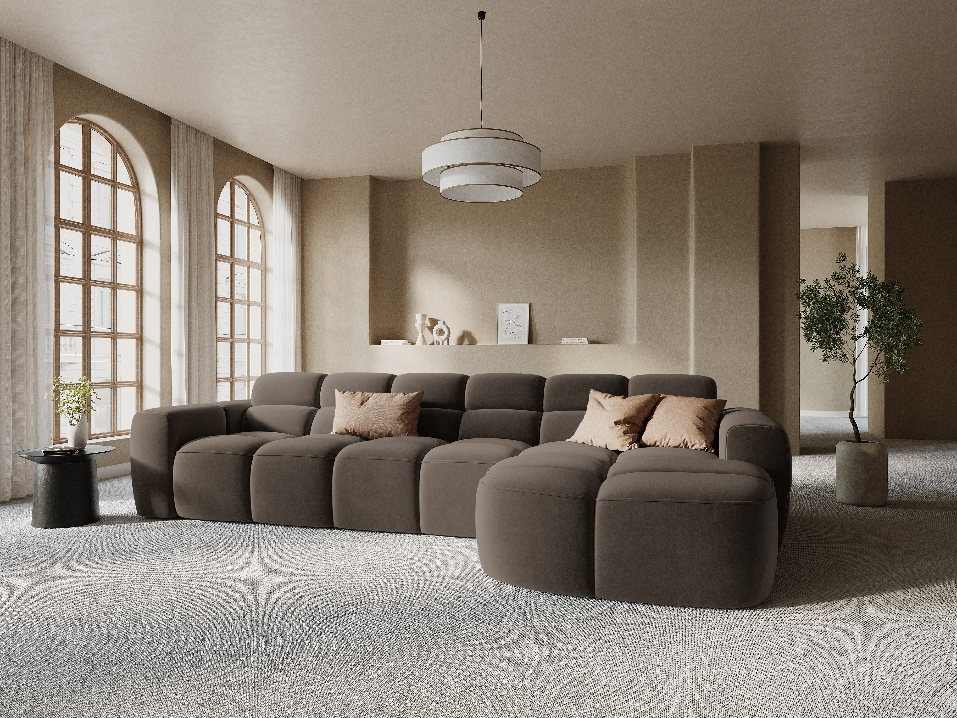 Right-facing velvet corner sofa LISA light brown [Monika]  [Julia spr]