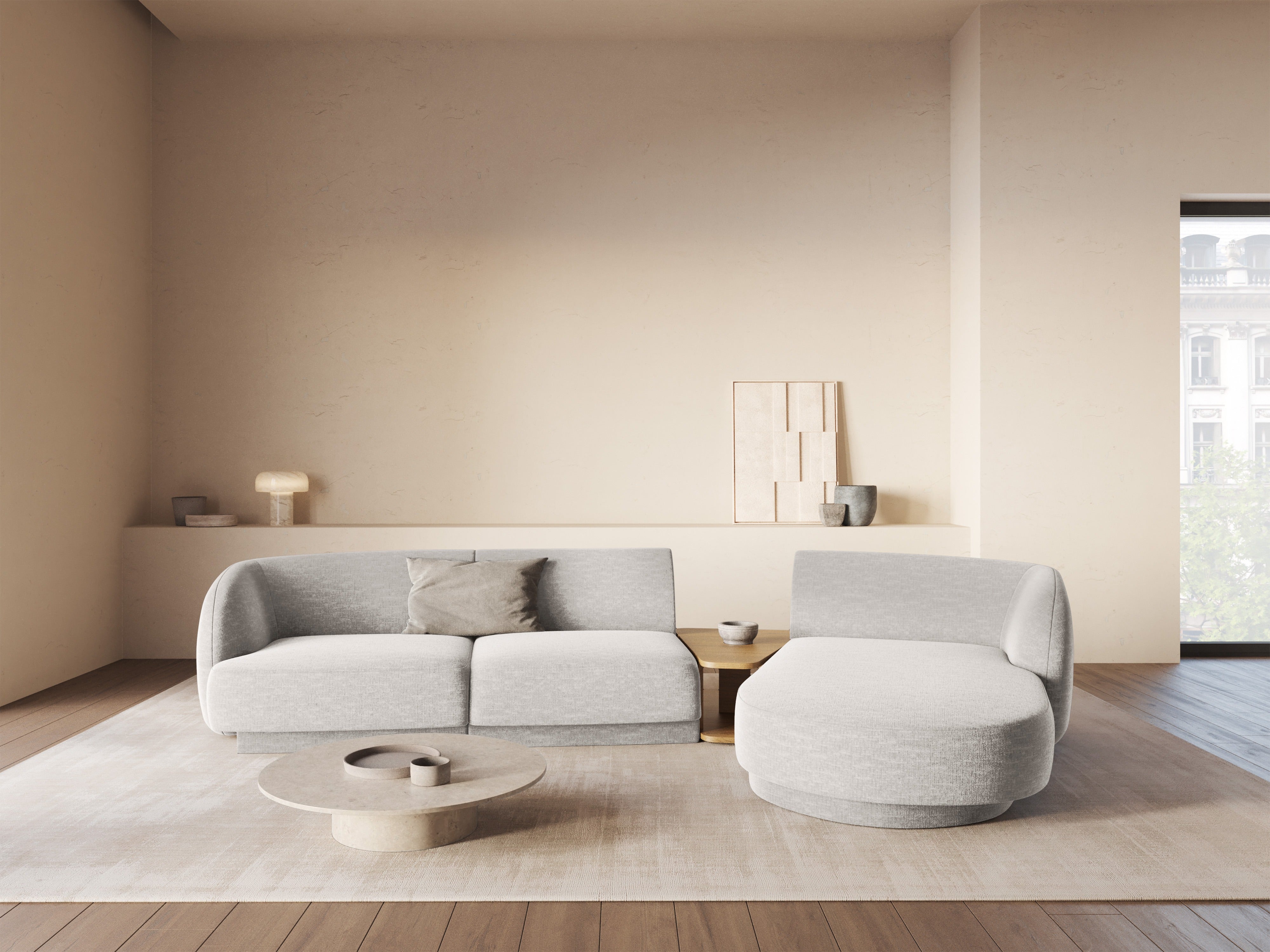 Modular corner sofa with table 3-seater left-sided MILEY light gray boucle