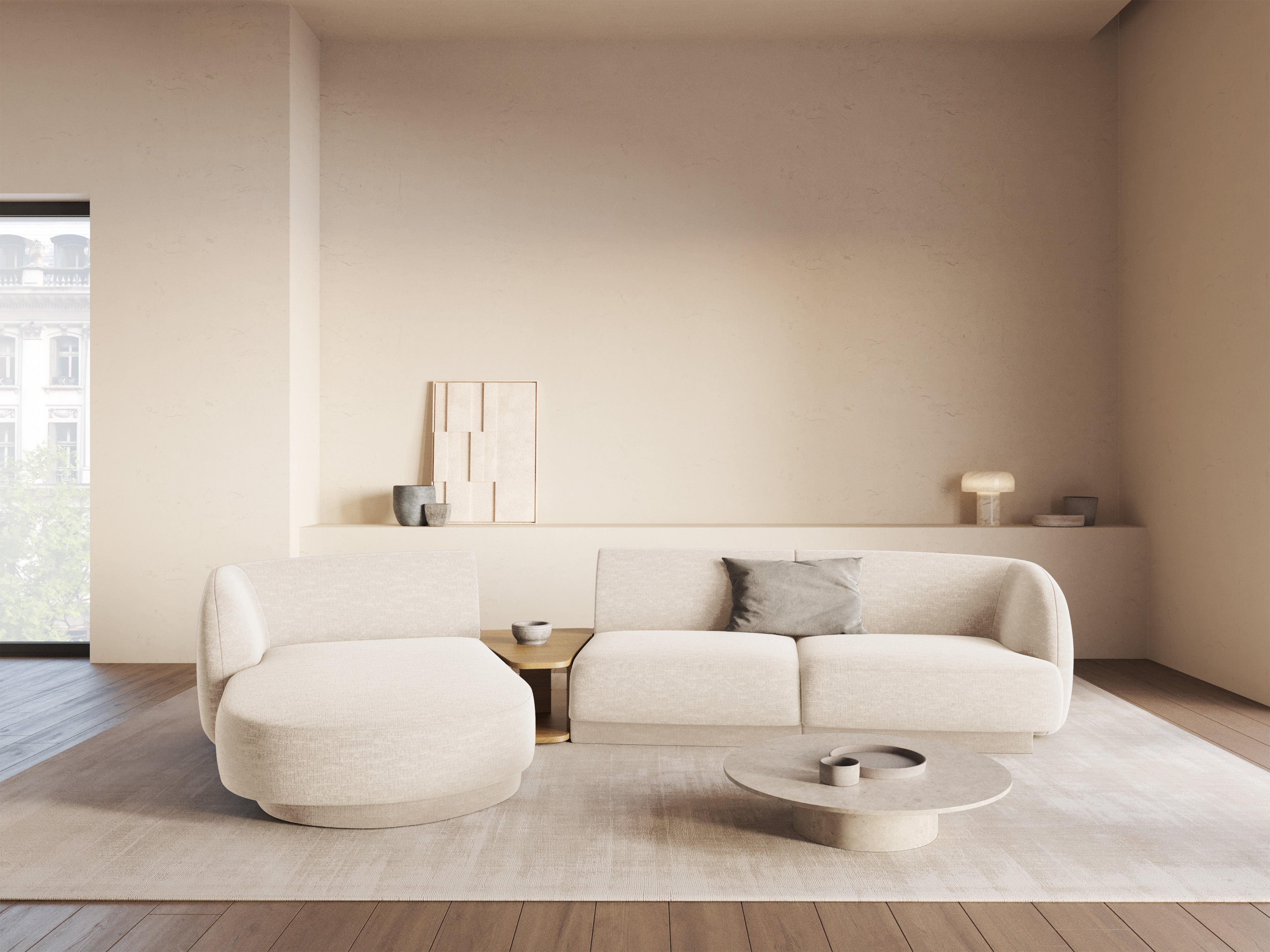 Modular corner sofa with table 3-seater left-sided MILEY ivory chenille