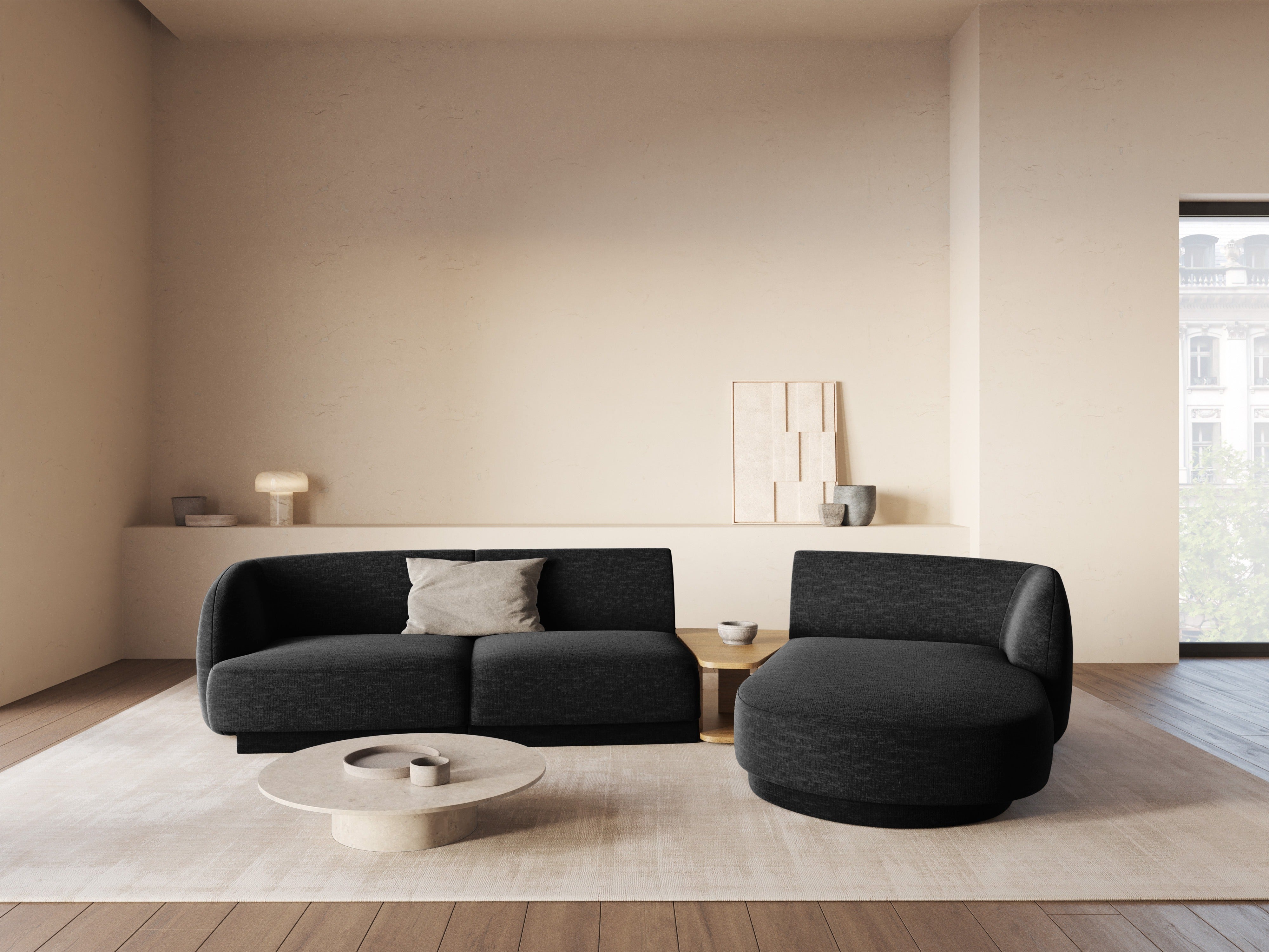 Modular corner sofa with table 3-seater left-sided MILEY black boucle