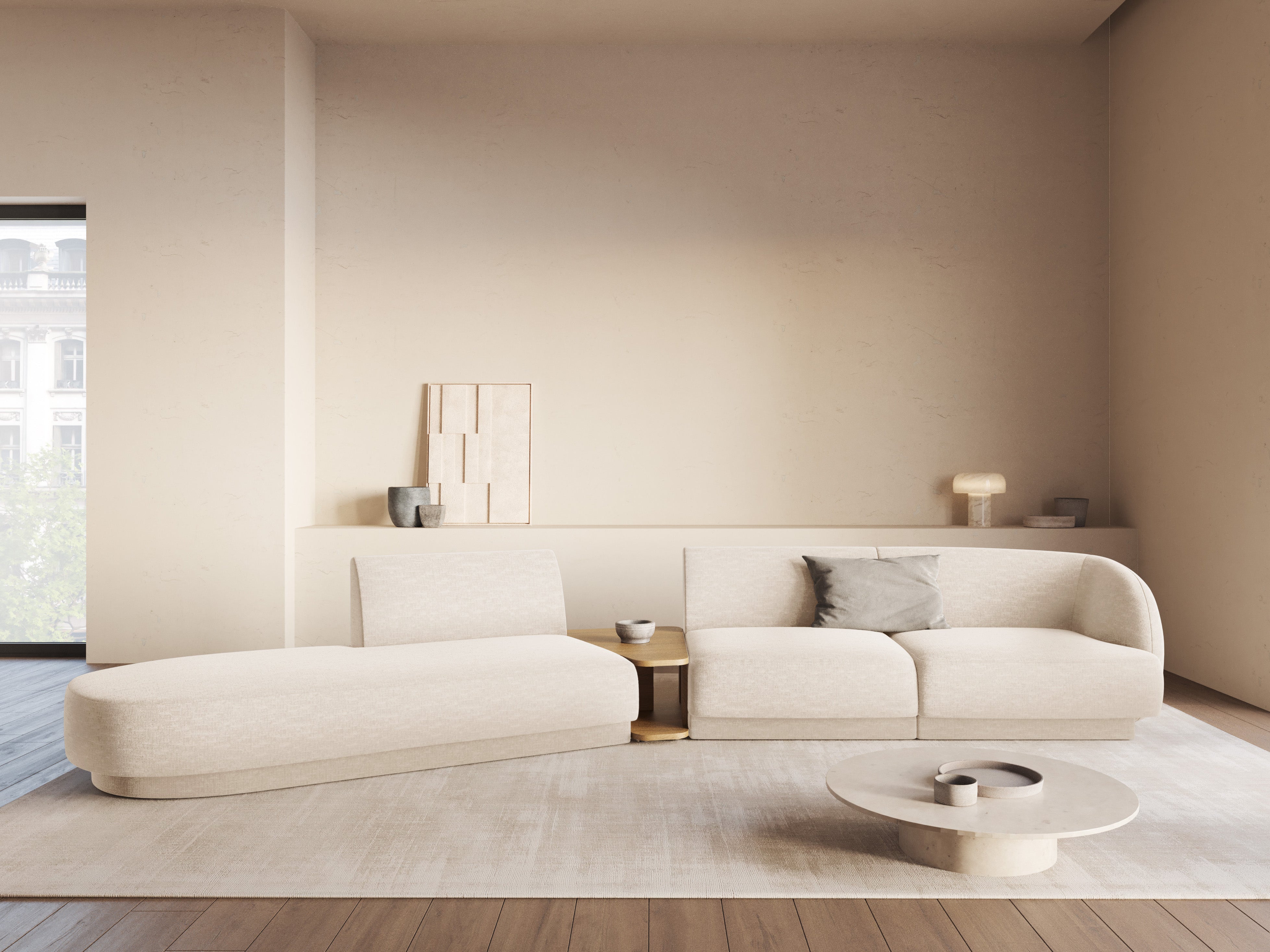 Sofa modułowa lewostronna ze stolikiem 4-osobowa MILEY jasnobeżowy szenil jedwabisty