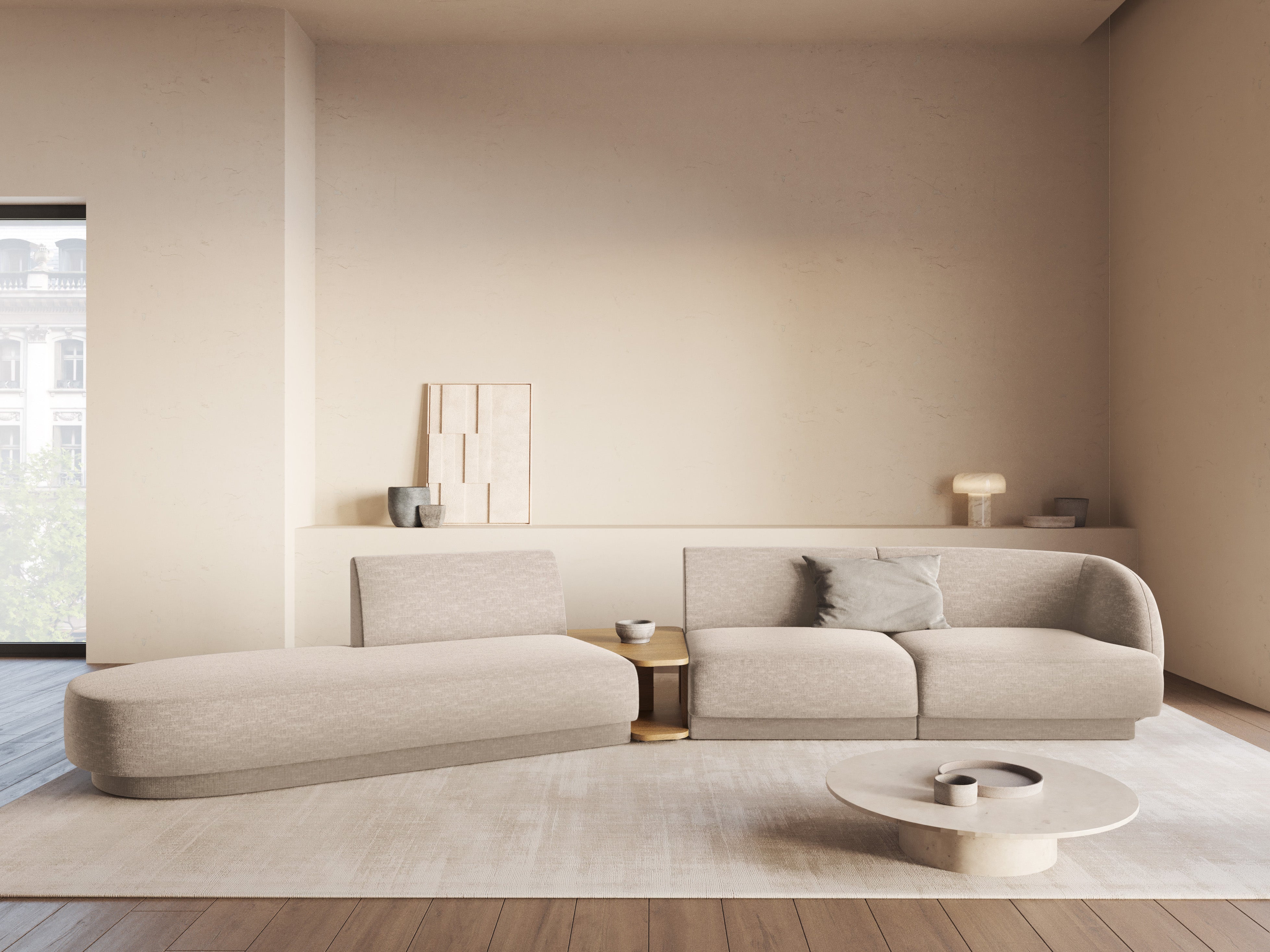 Sofa modułowa lewostronna ze stolikiem 4-osobowa MILEY beżowy szenil jedwabisty