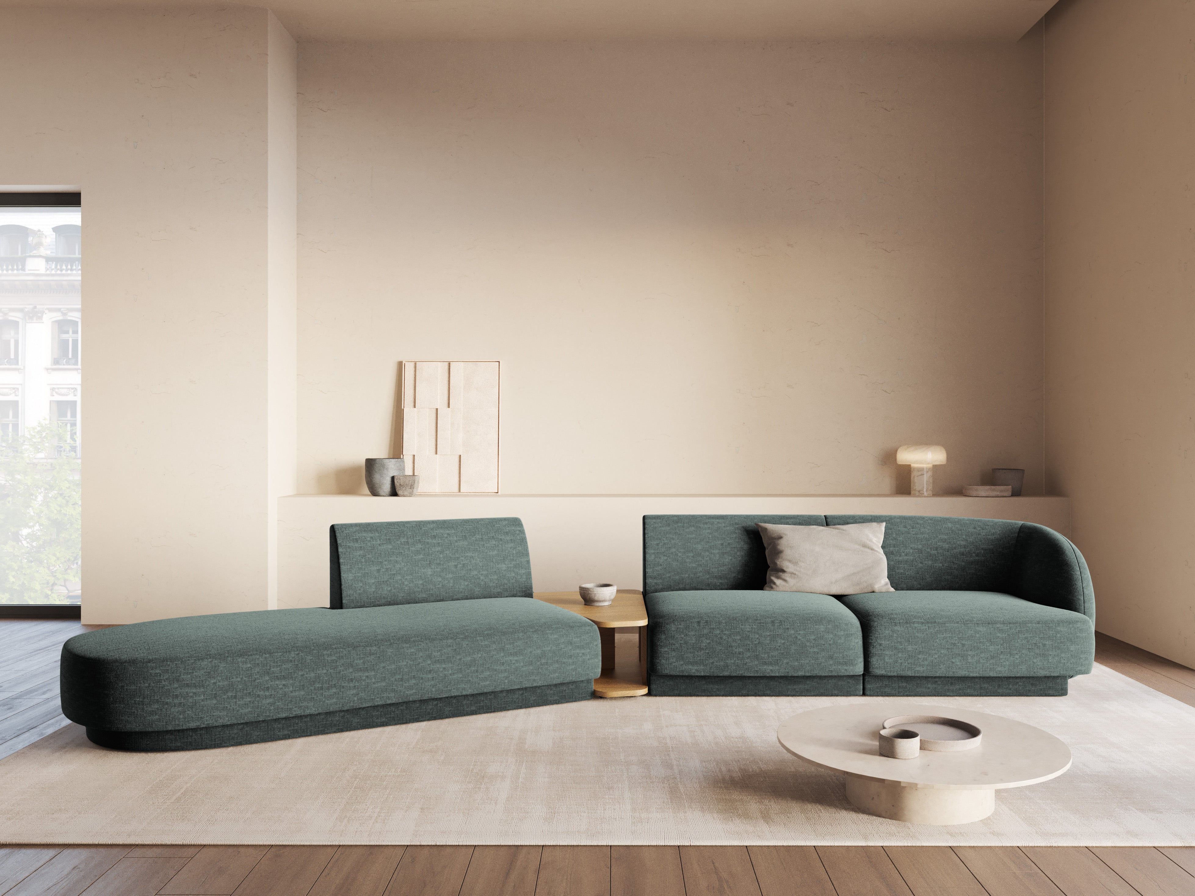 Sofa modułowa lewostronna ze stolikiem 4-osobowa MILEY petrol szenil jedwabisty