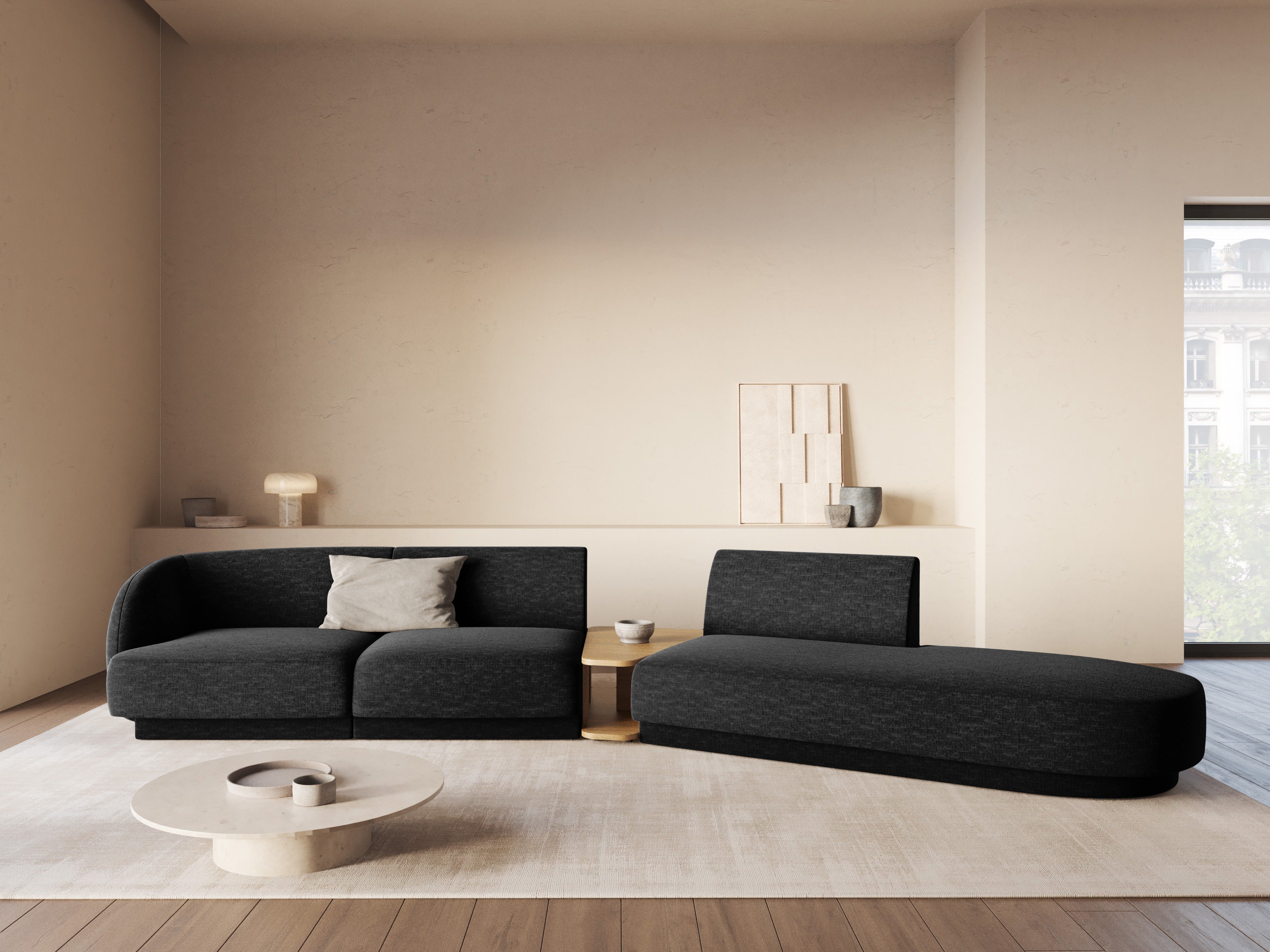 Modulares Sofa links mit Tisch für 4 Personen MILEY dunkelblau Boucle
