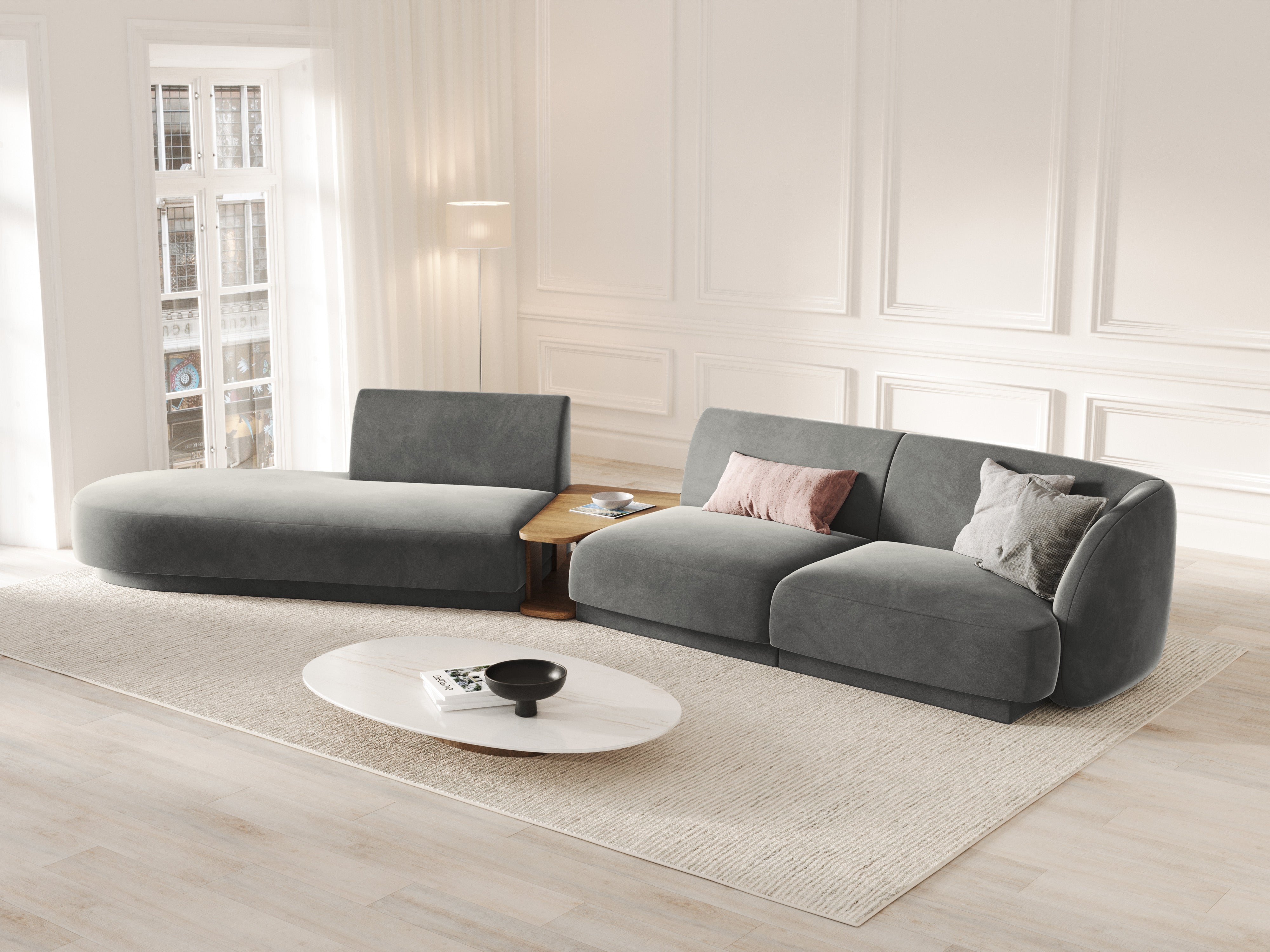 Sofa modułowa lewostronna ze stolikiem 4-osobowa aksamitna MILEY jasnoszary