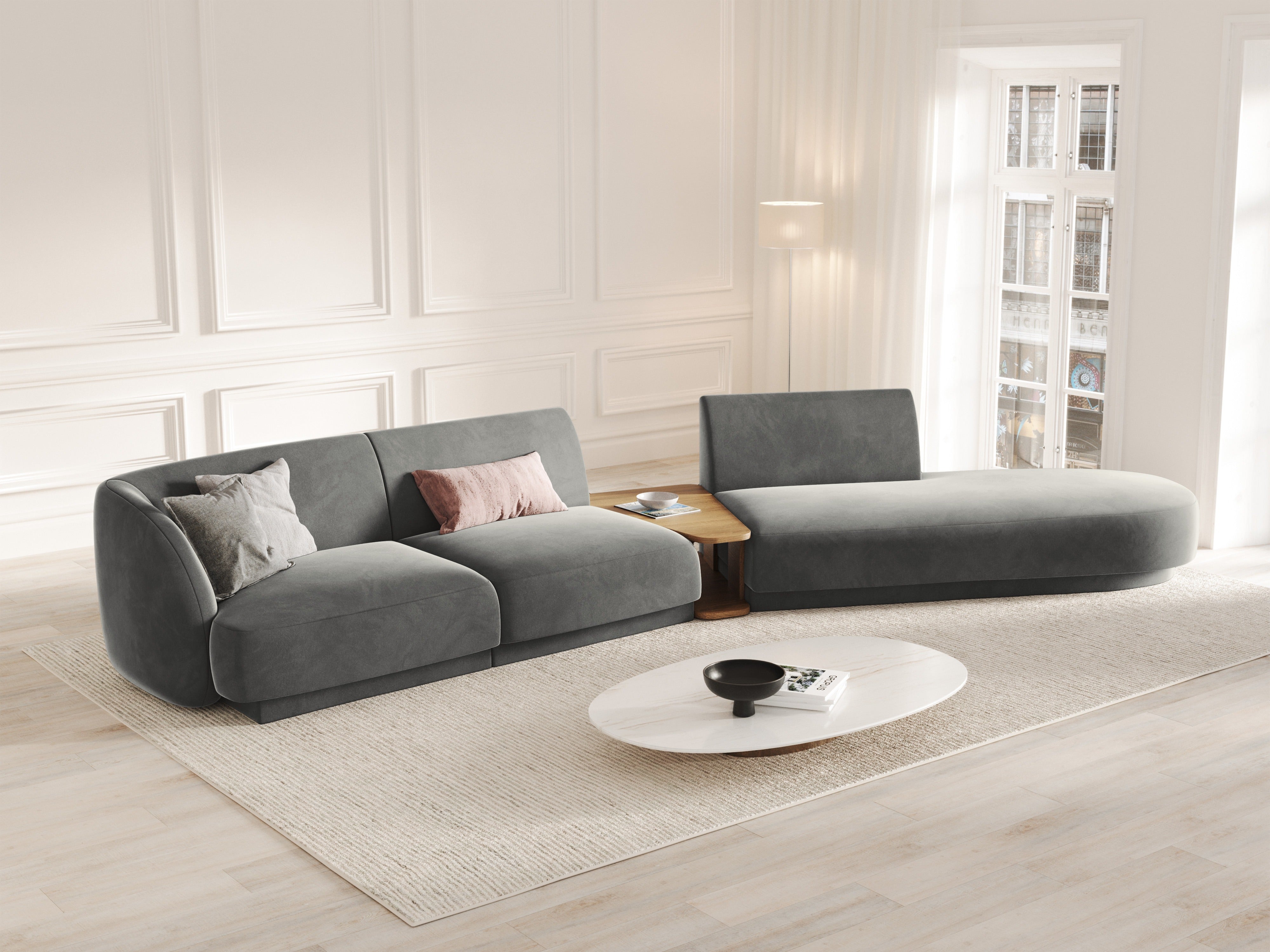 Sofa modułowa prawostronna ze stolikiem 4-osobowa aksamitna MILEY jasnoszary