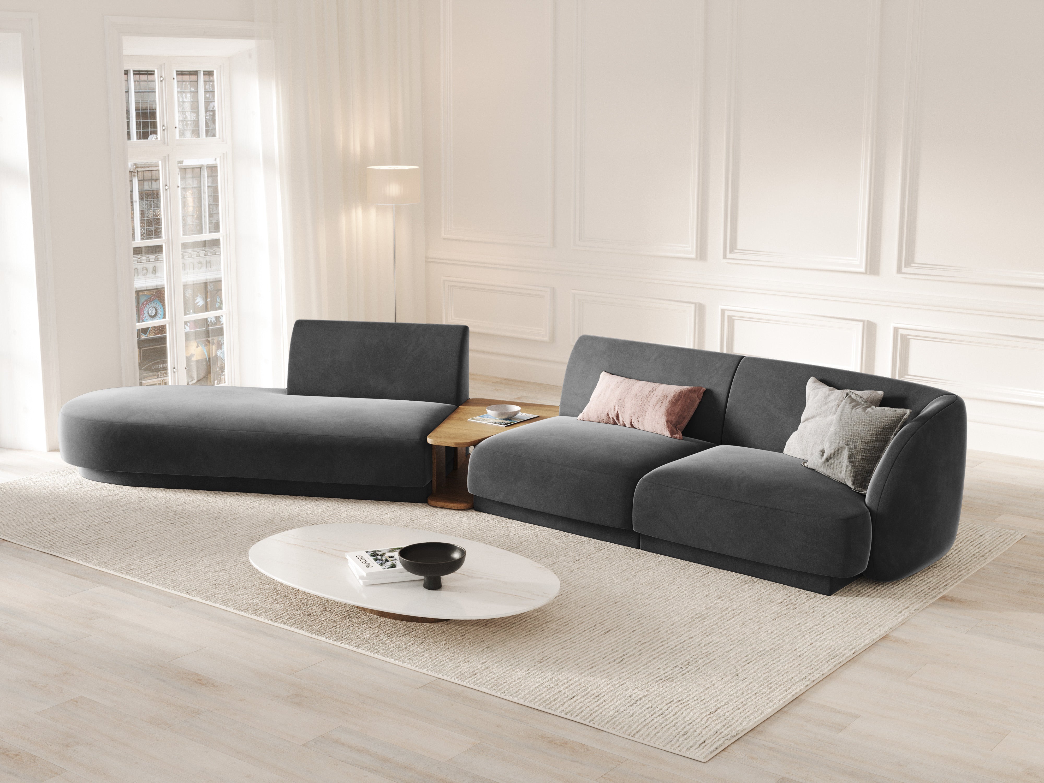Sofa modułowa lewostronna ze stolikiem 4-osobowa aksamitna MILEY szary