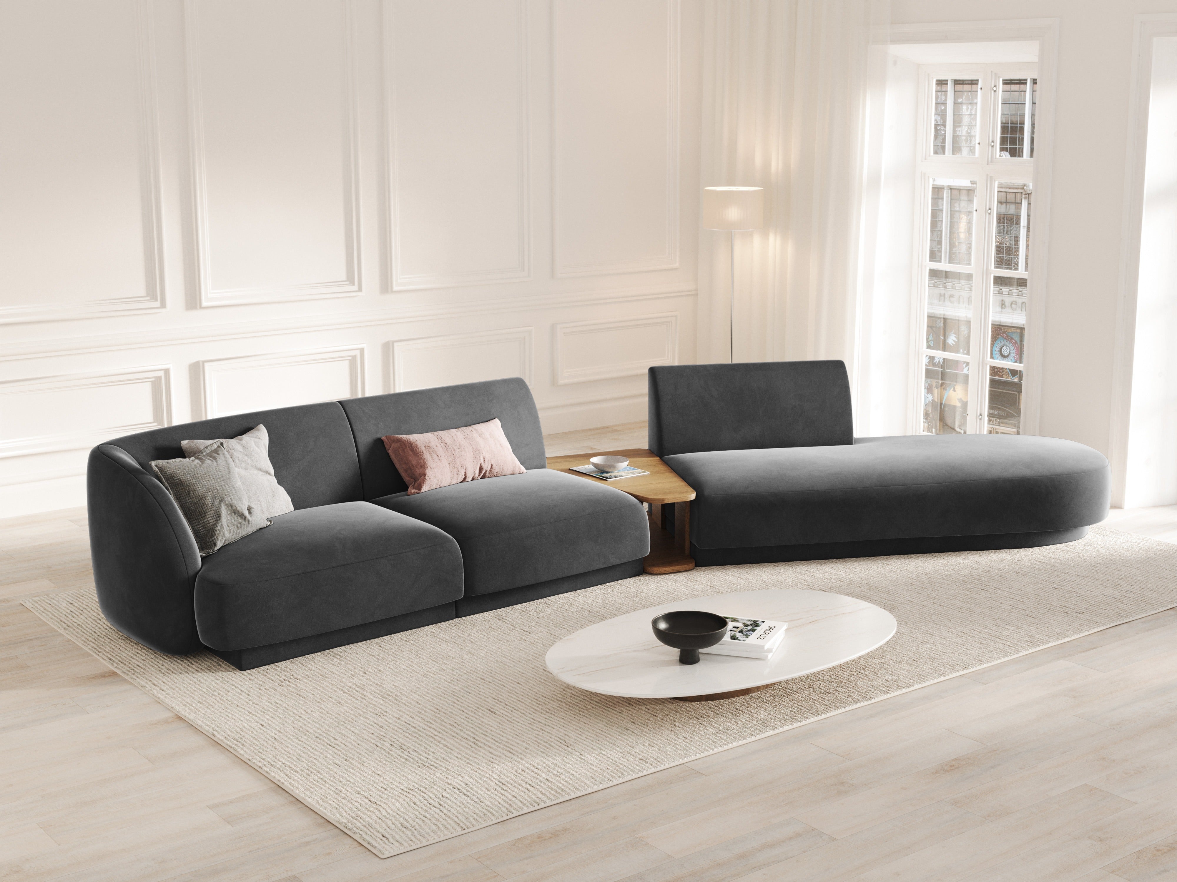 Sofa modułowa prawostronna ze stolikiem 4-osobowa aksamitna MILEY szary