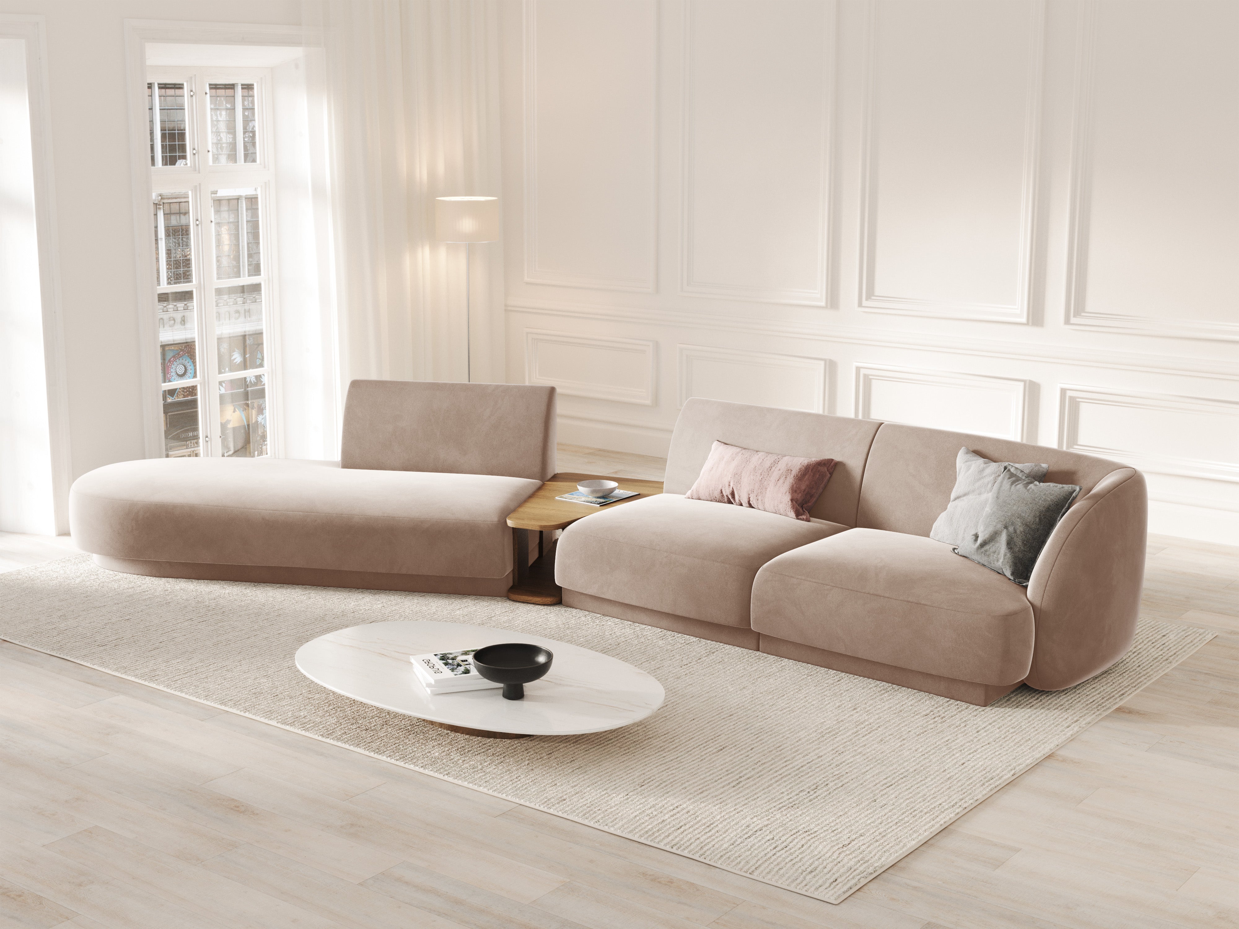 Sofa modułowa lewostronna ze stolikiem 4-osobowa aksamitna MILEY cappuccino