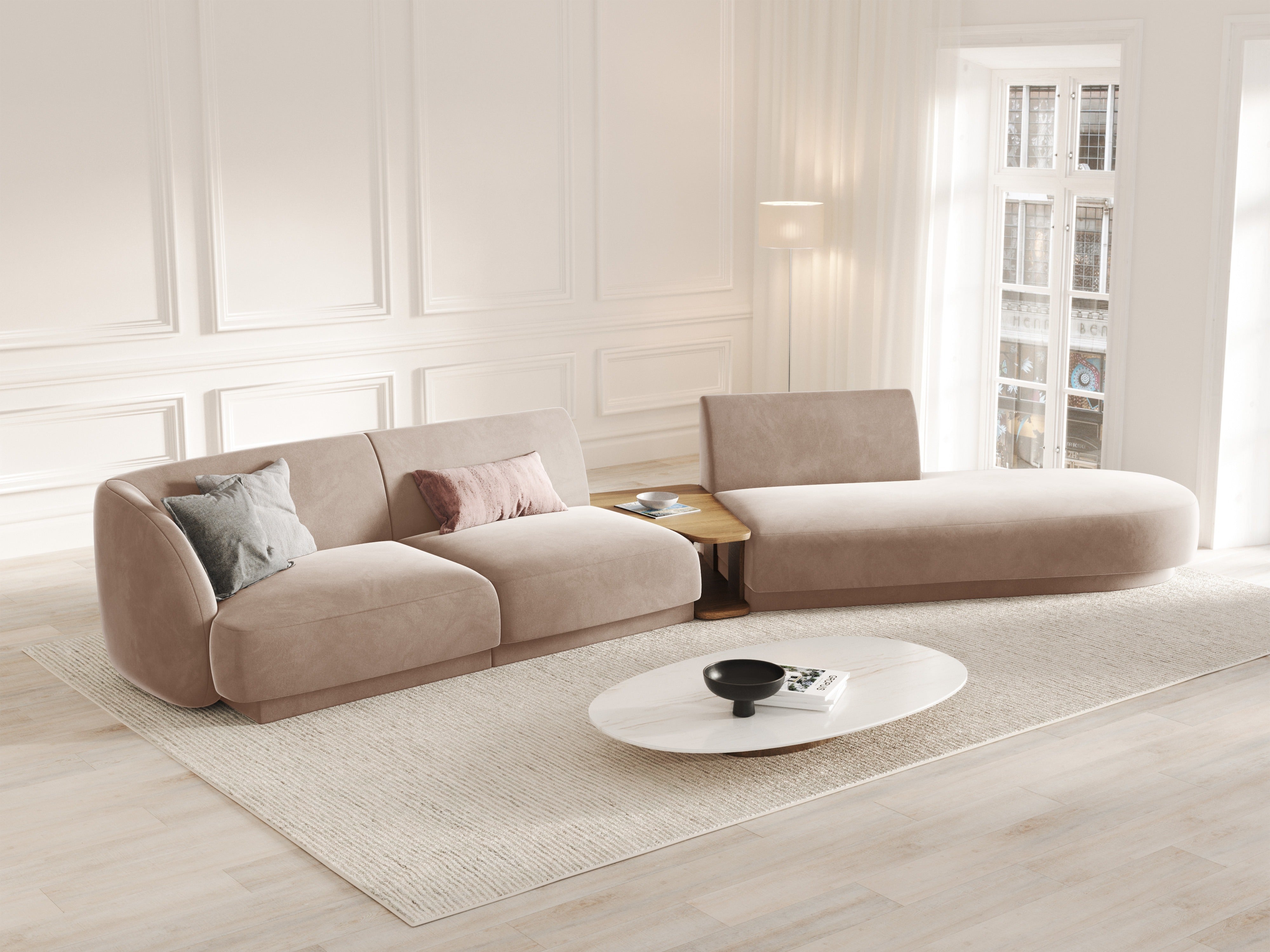 Sofa modułowa prawostronna ze stolikiem 4-osobowa aksamitna MILEY cappuccino