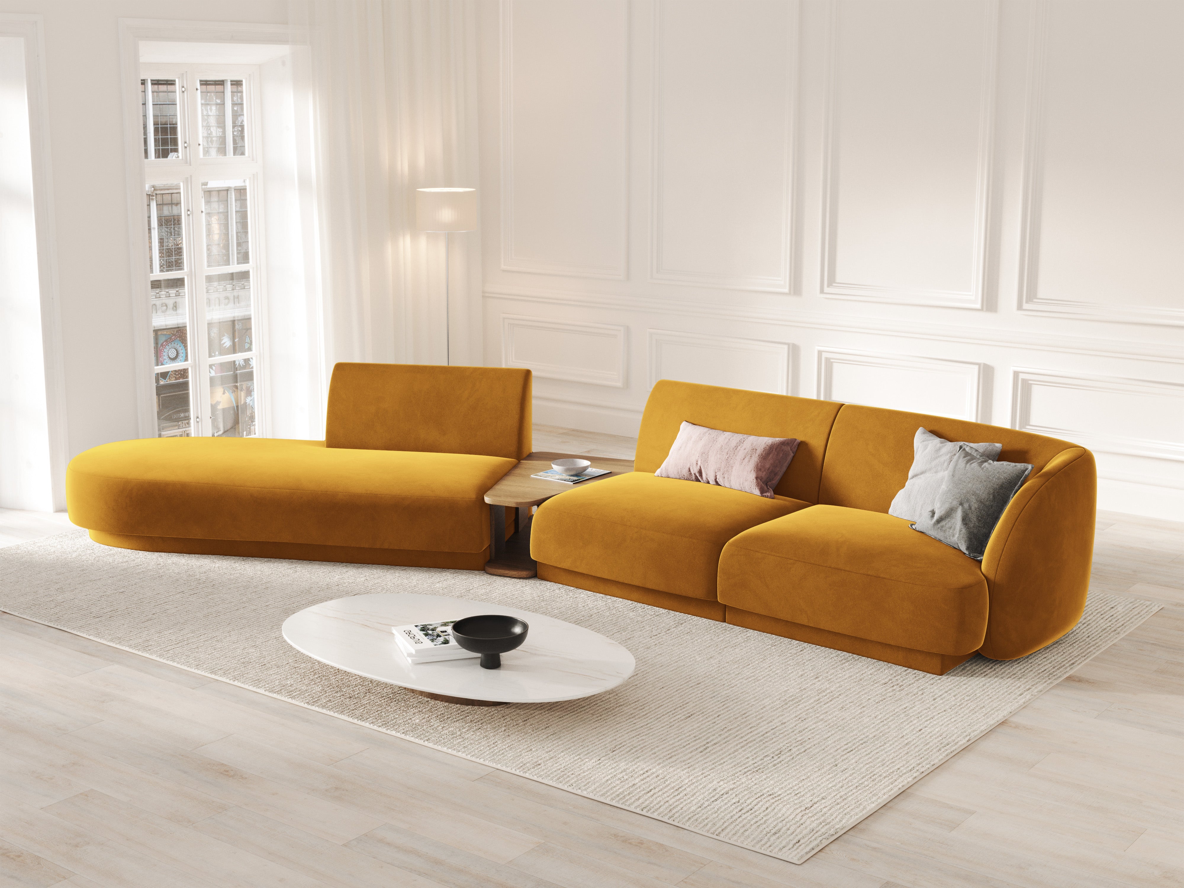 Sofa modułowa lewostronna ze stolikiem 4-osobowa aksamitna MILEY żółty