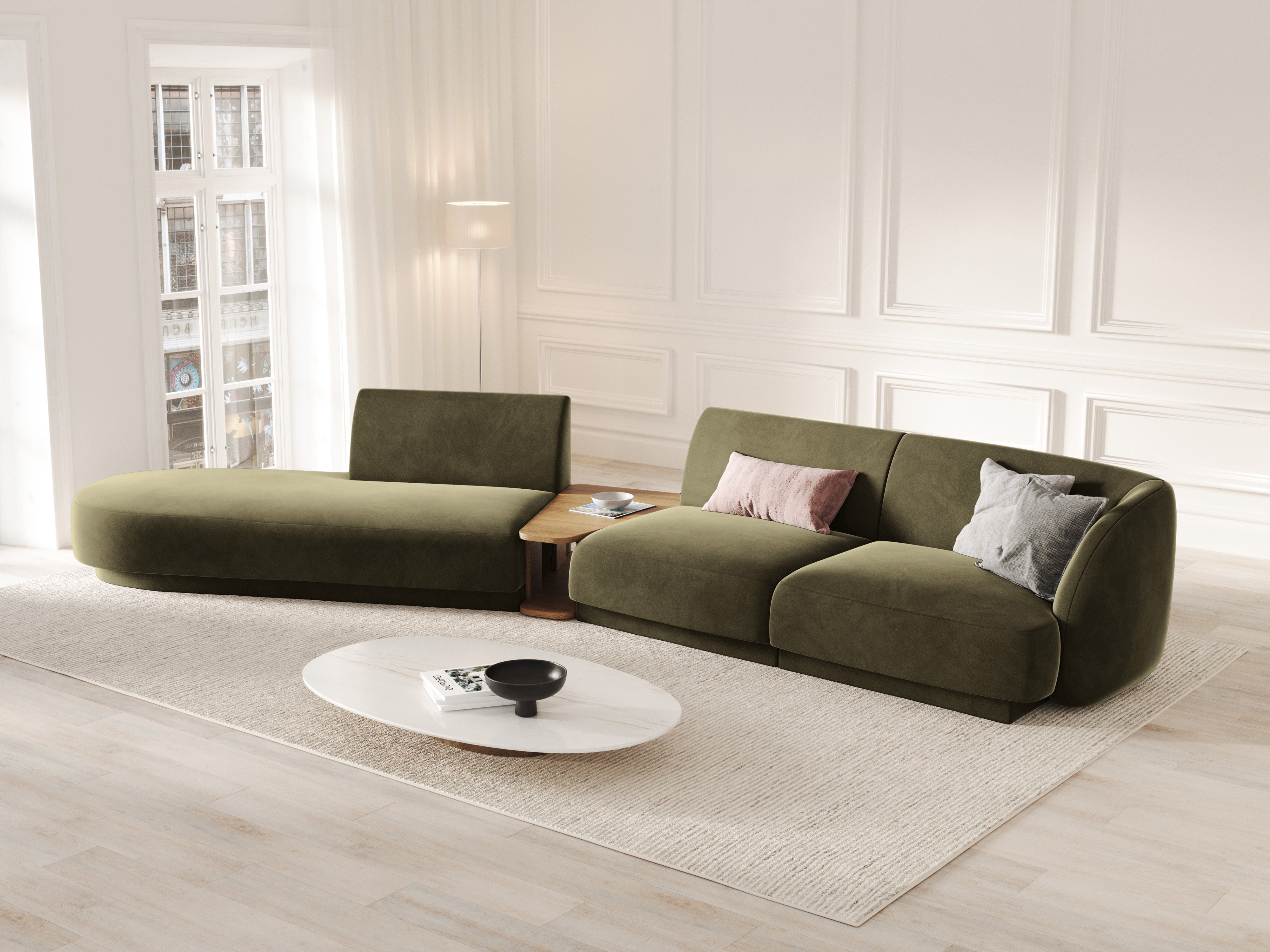 Sofa modułowa lewostronna ze stolikiem 4-osobowa aksamitna MILEY zielony