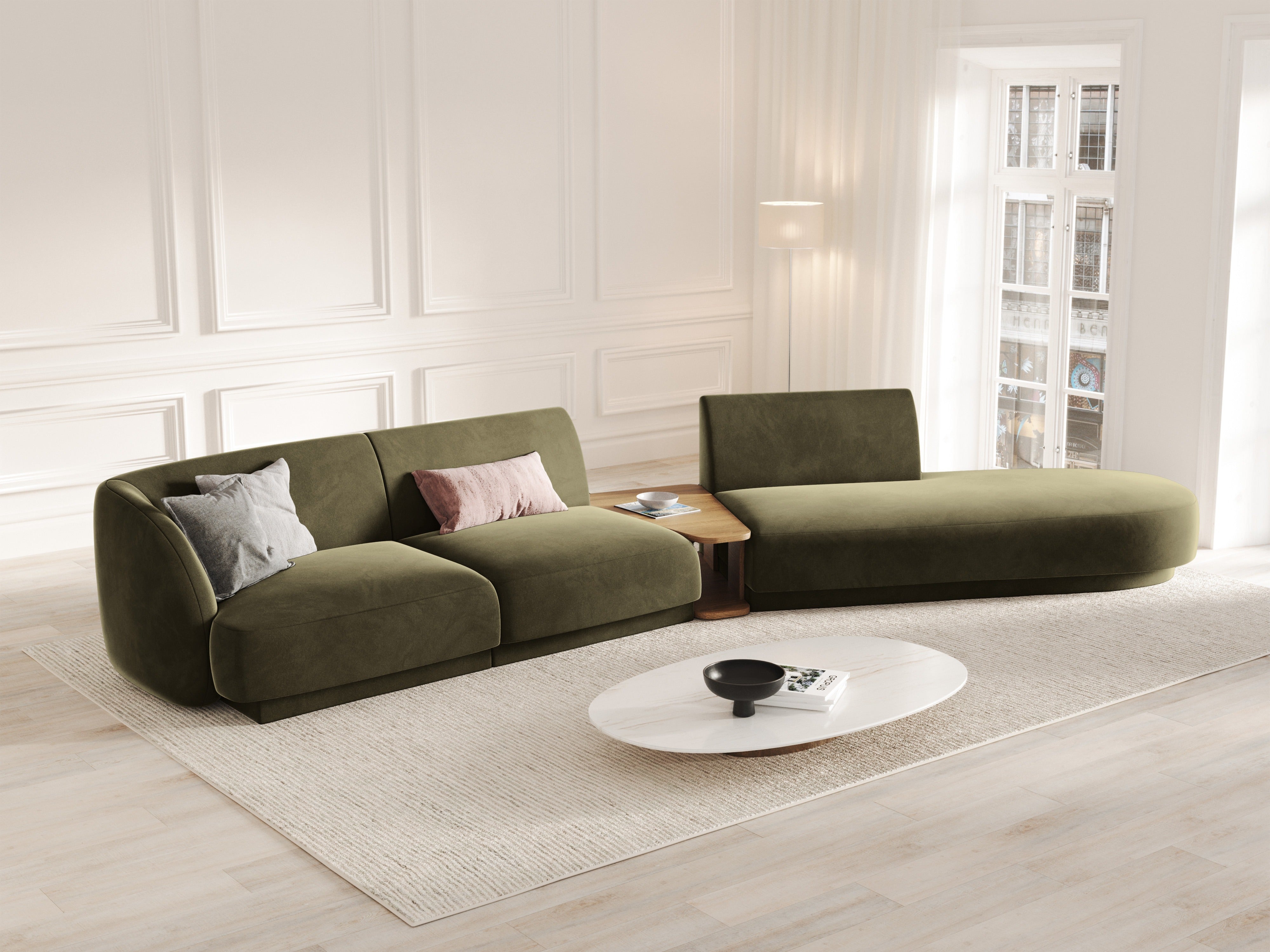Modulares Sofa links mit Tisch für 4 Personen MILEY grün Boucle