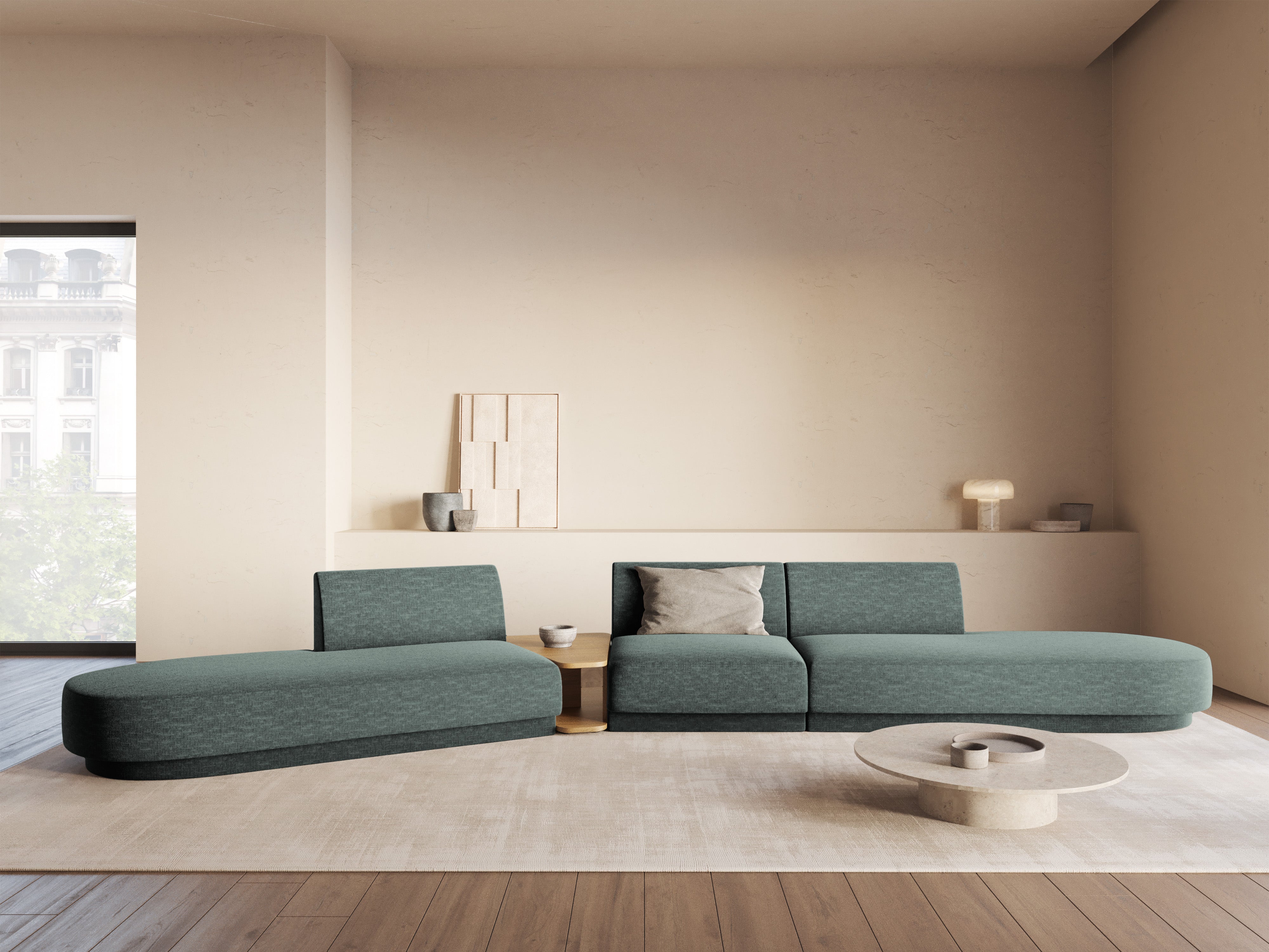 Left-sided modular sofa with table for 5 people MILEY petrol silky chenille