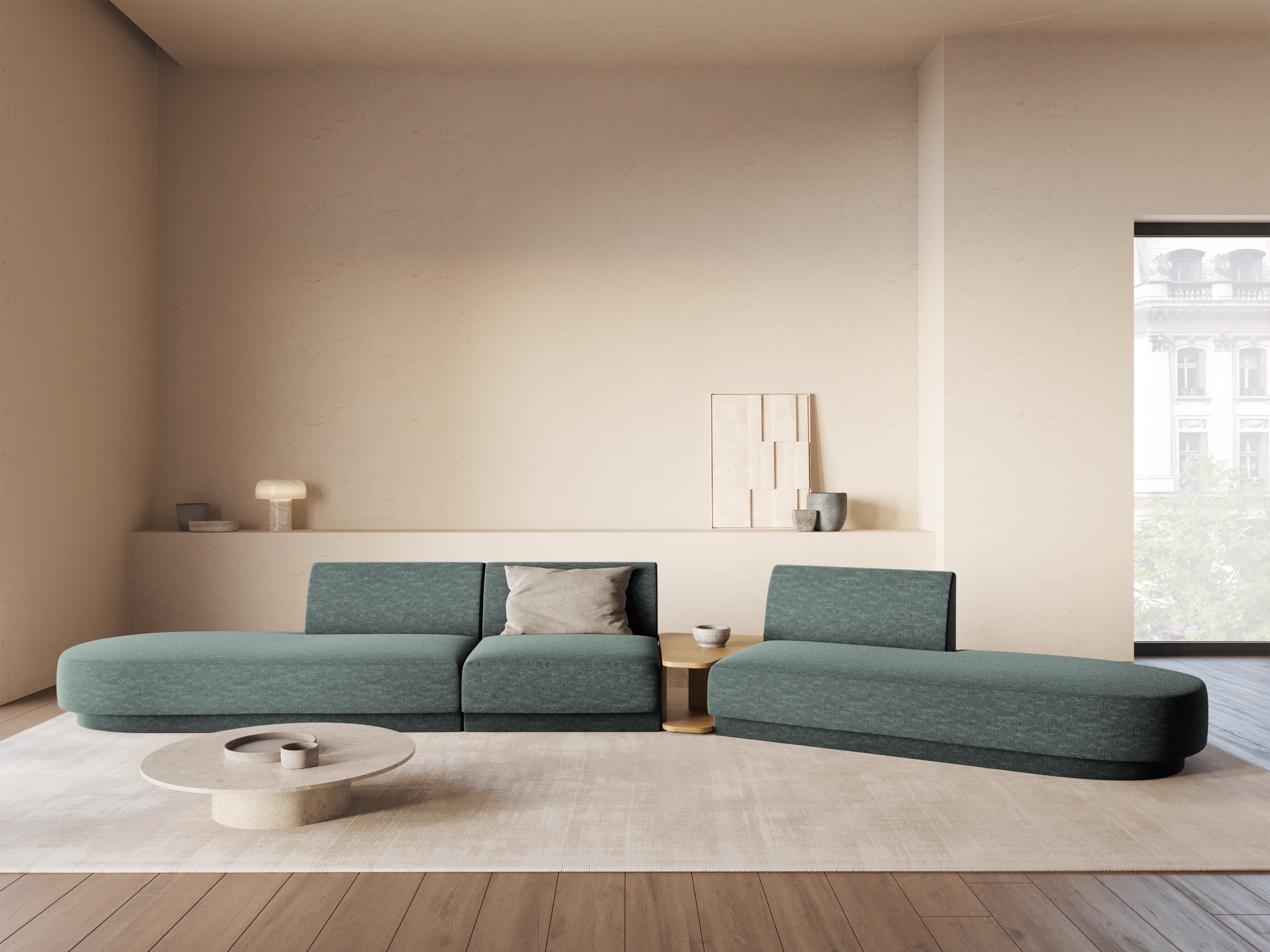 Sofa modułowa prawostronna ze stolikiem 5-osobowa MILEY petrol szenil jedwabisty