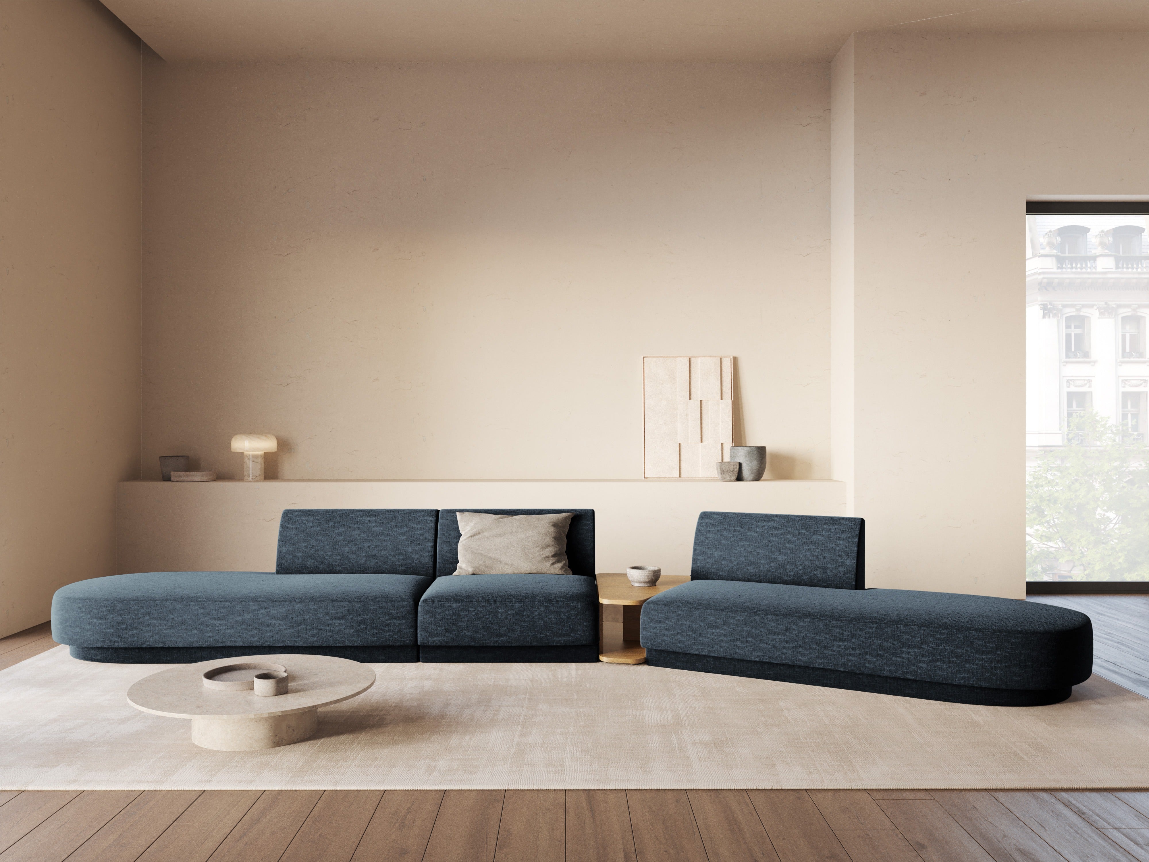 Sofa modułowa prawostronna ze stolikiem 5-osobowa MILEY granat królewski szenil jedwabisty