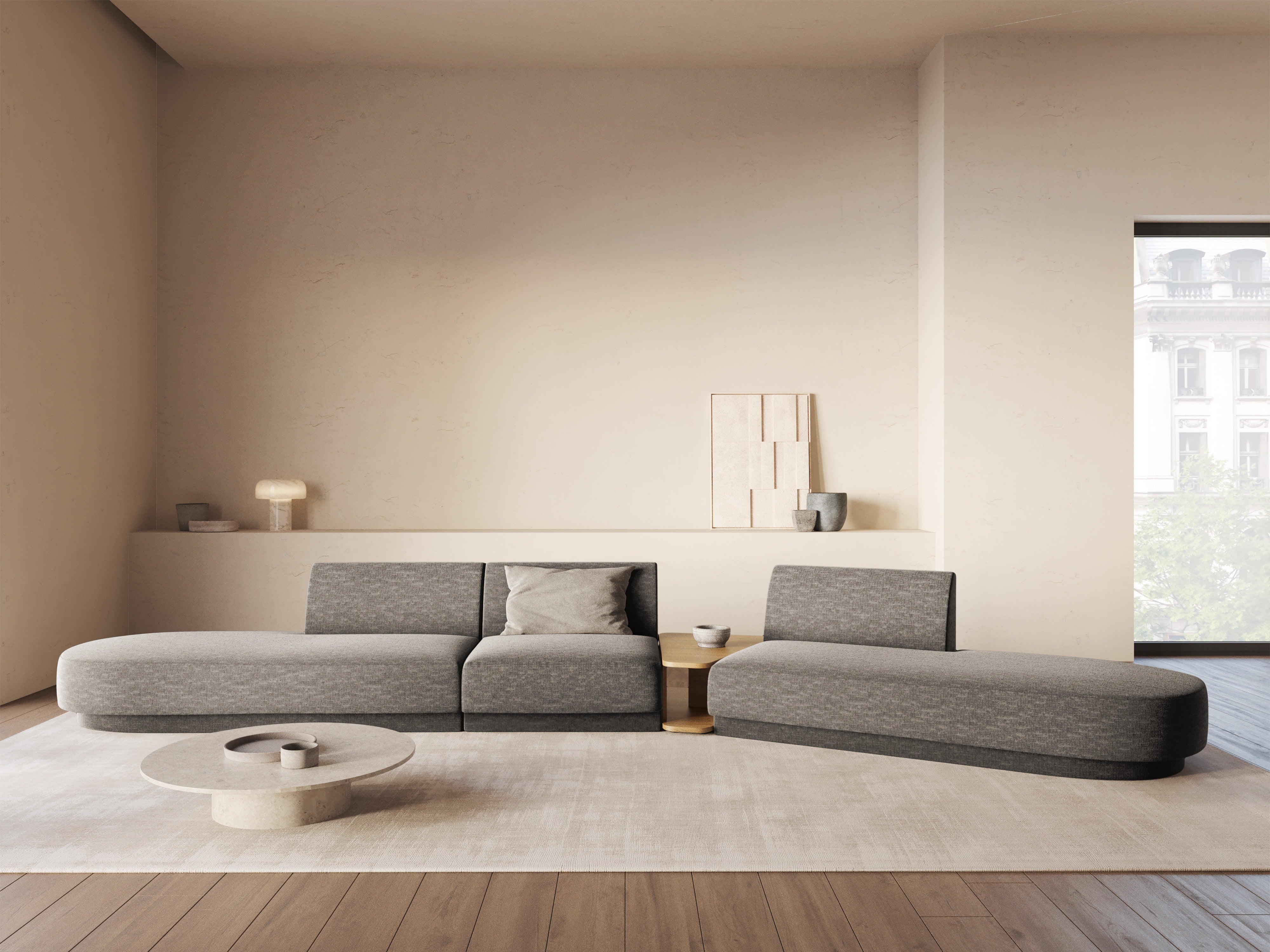 Sofa modułowa prawostronna ze stolikiem 5-osobowa MILEY szary szenil jedwabisty
