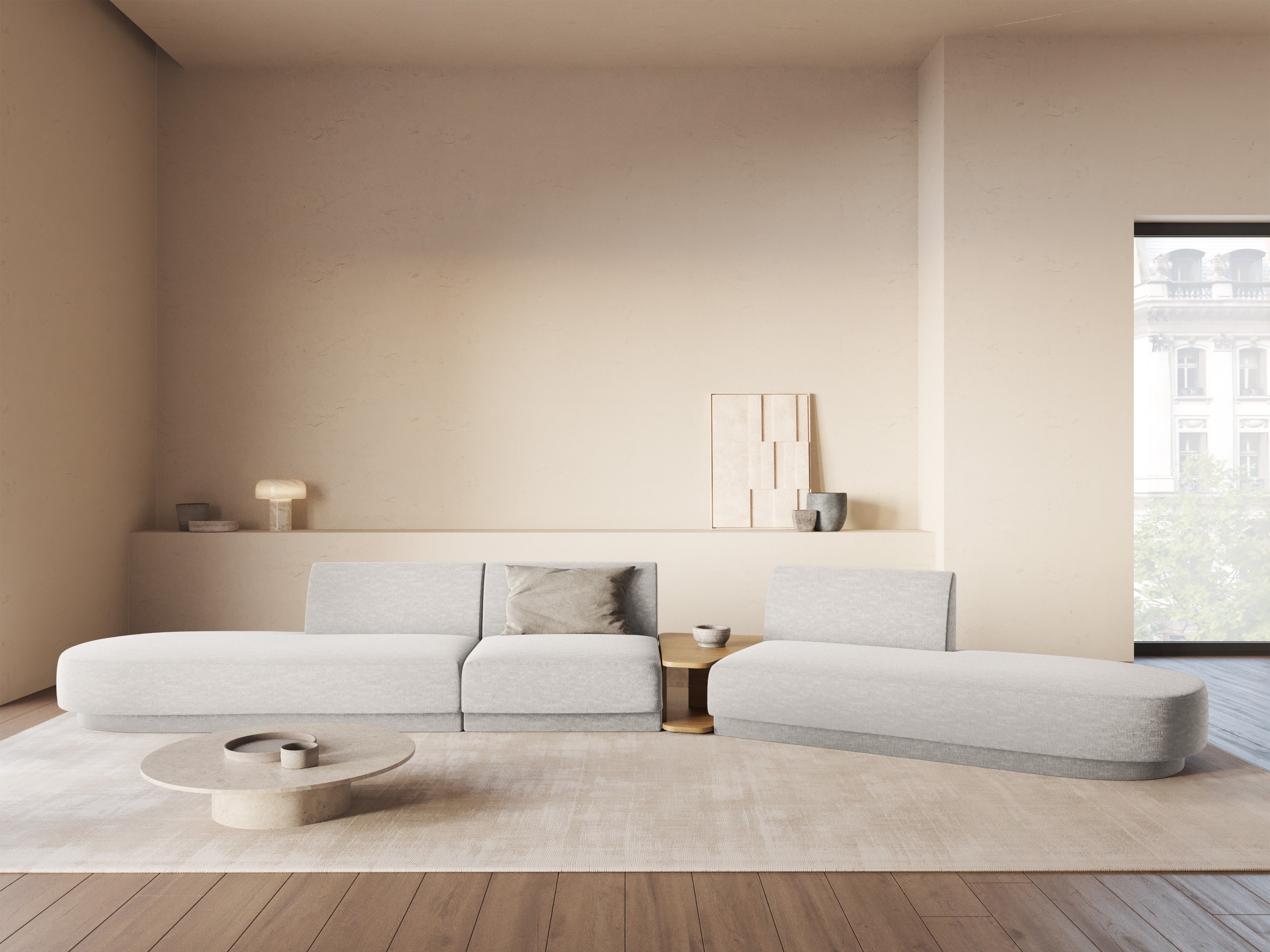 Sofa modułowa prawostronna ze stolikiem 5-osobowa MILEY szary szenil