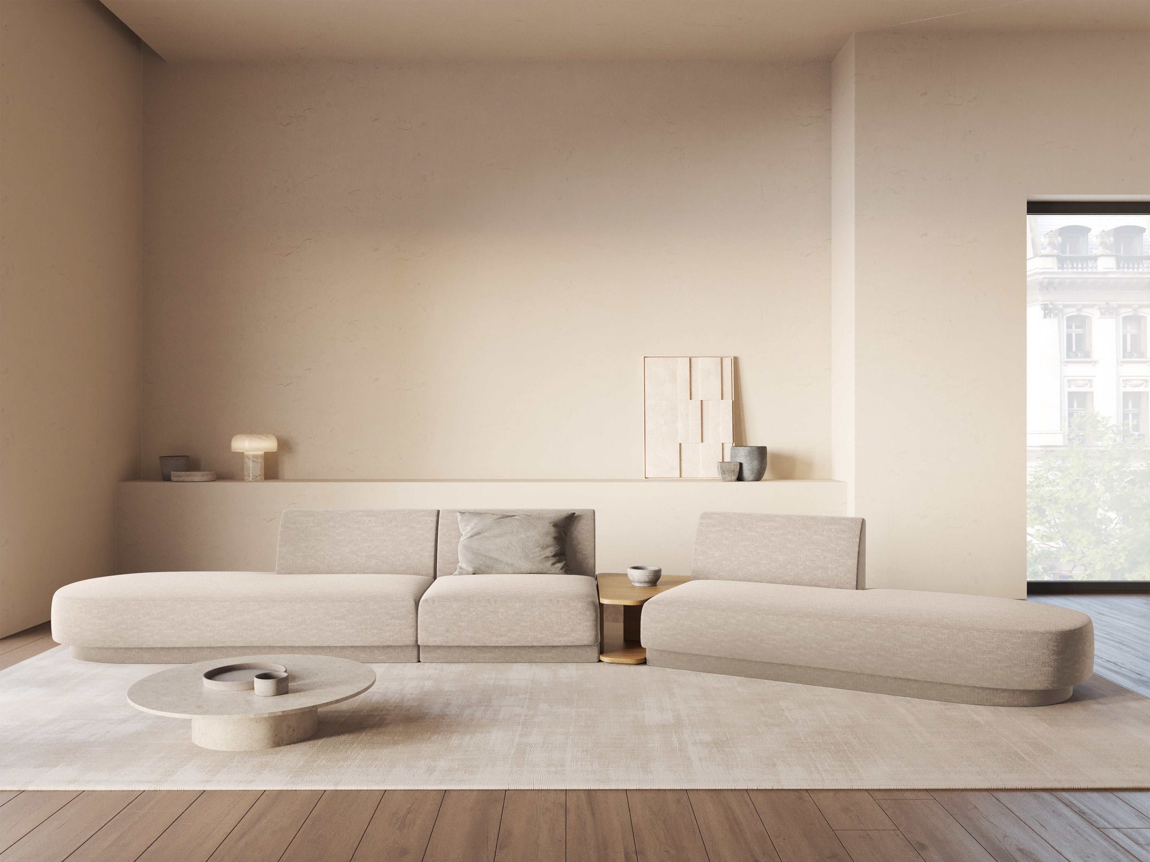 Sofa modułowa prawostronna ze stolikiem 5-osobowa MILEY beżowy szenil