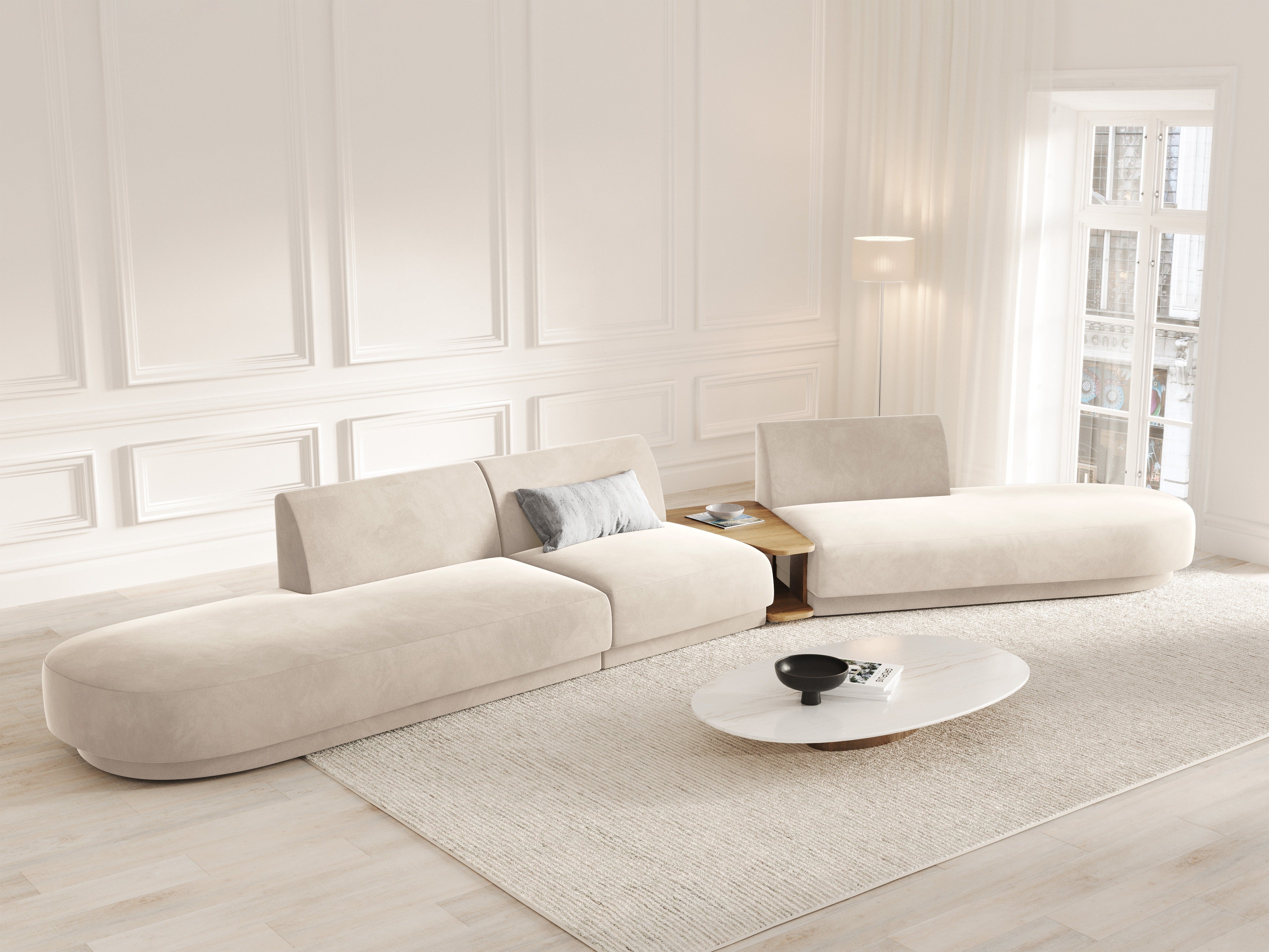 Sofa modułowa prawostronna ze stolikiem 5-osobowa aksamitna MILEY jasnobeżowy