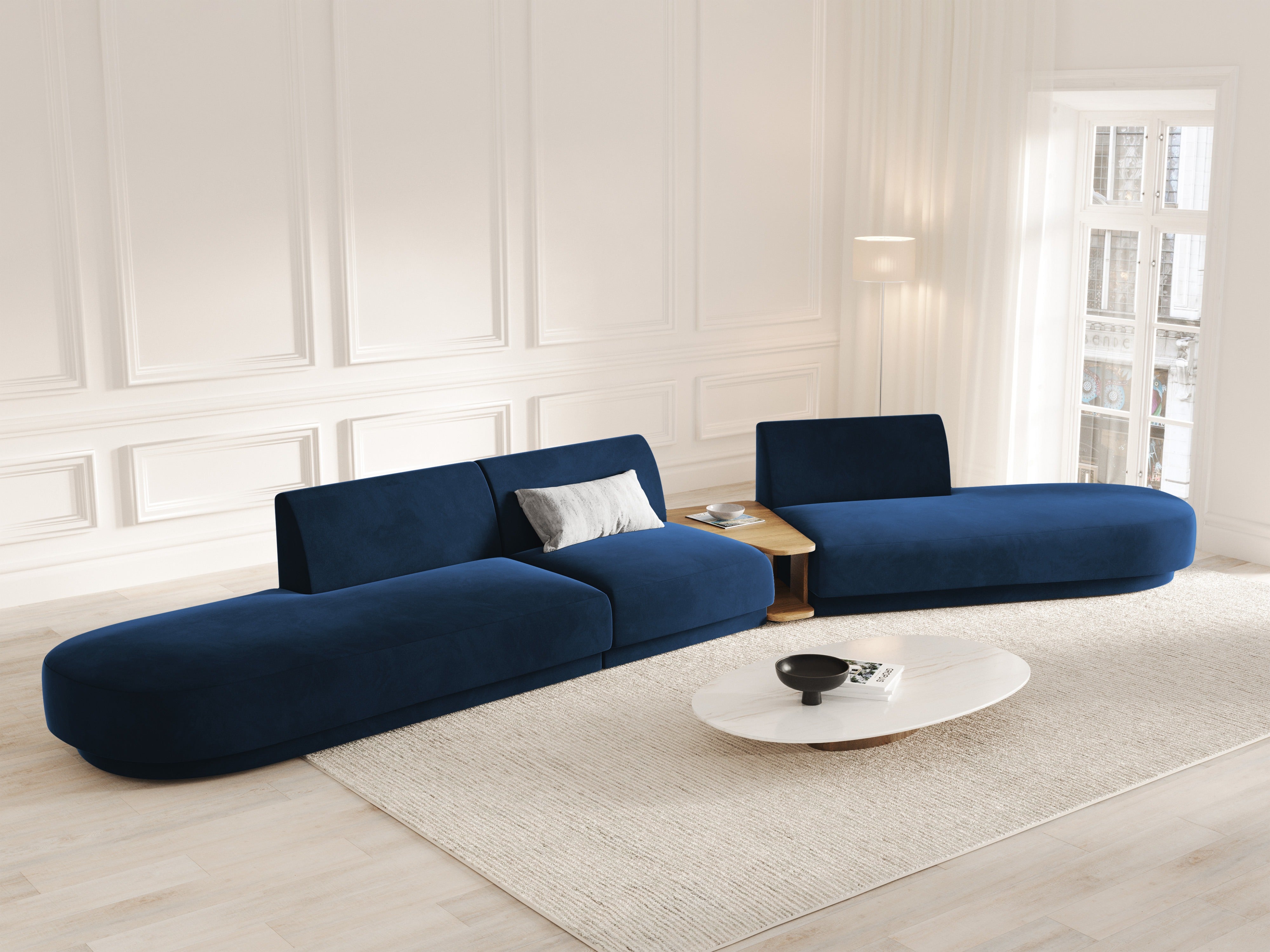 Sofa modułowa prawostronna ze stolikiem 5-osobowa aksamitna MILEY granat królewski