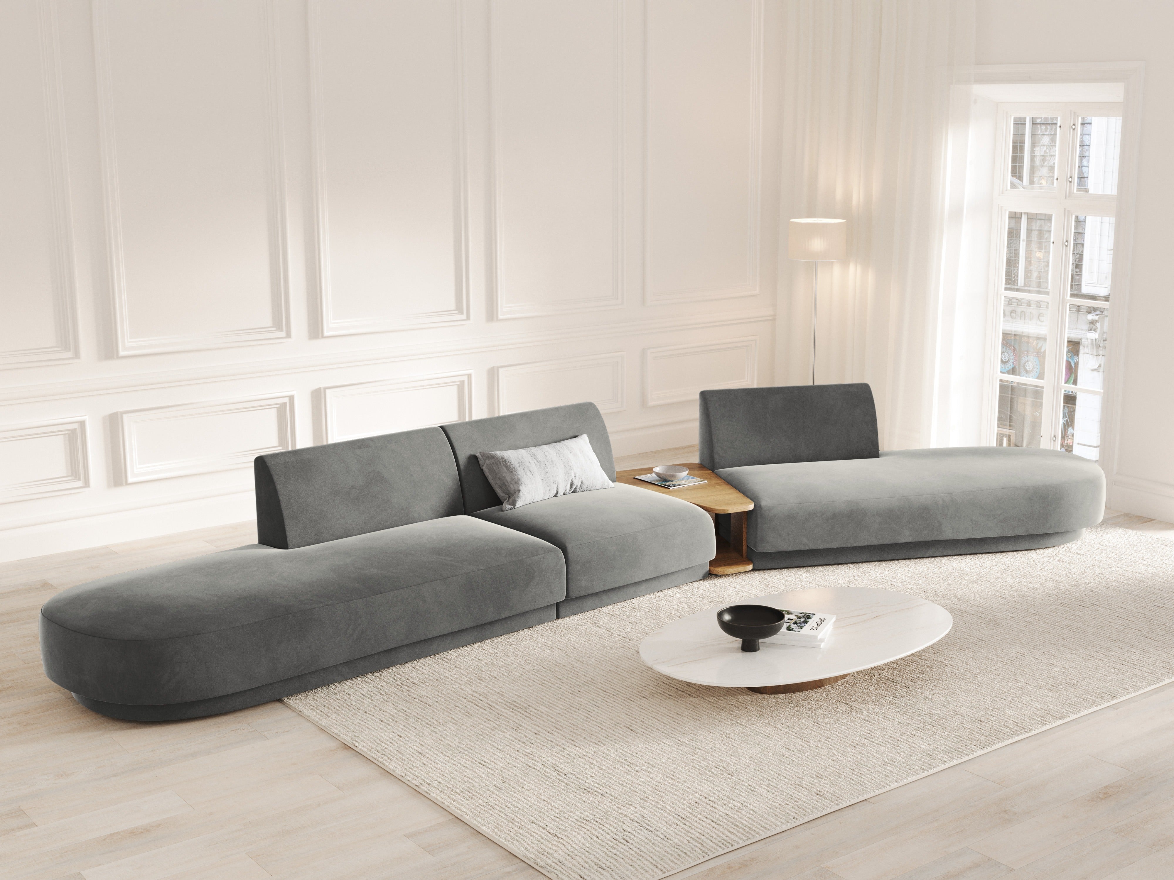 Sofa modułowa prawostronna ze stolikiem 5-osobowa aksamitna MILEY jasnoszary