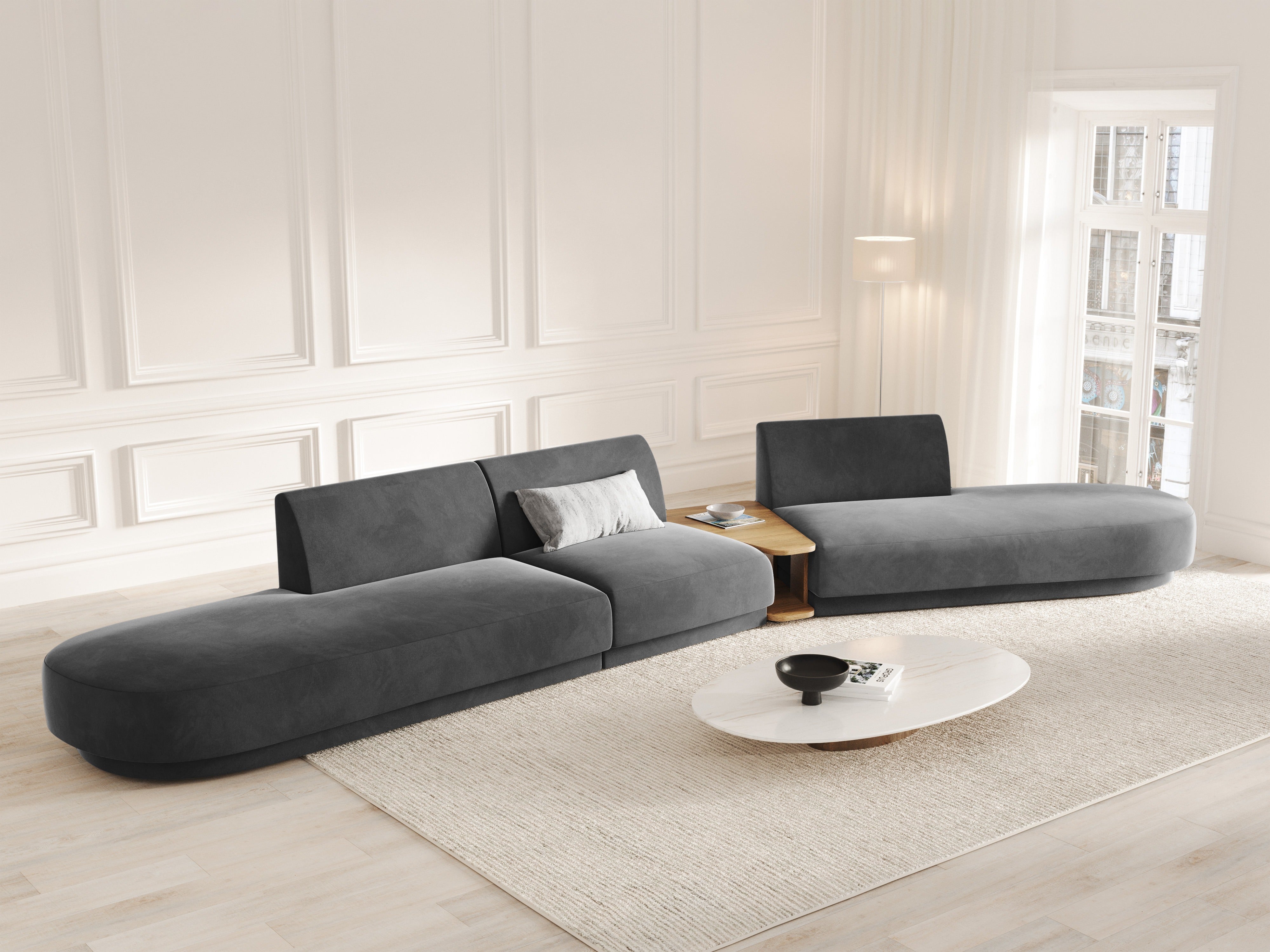 Sofa modułowa prawostronna ze stolikiem 5-osobowa aksamitna MILEY szary