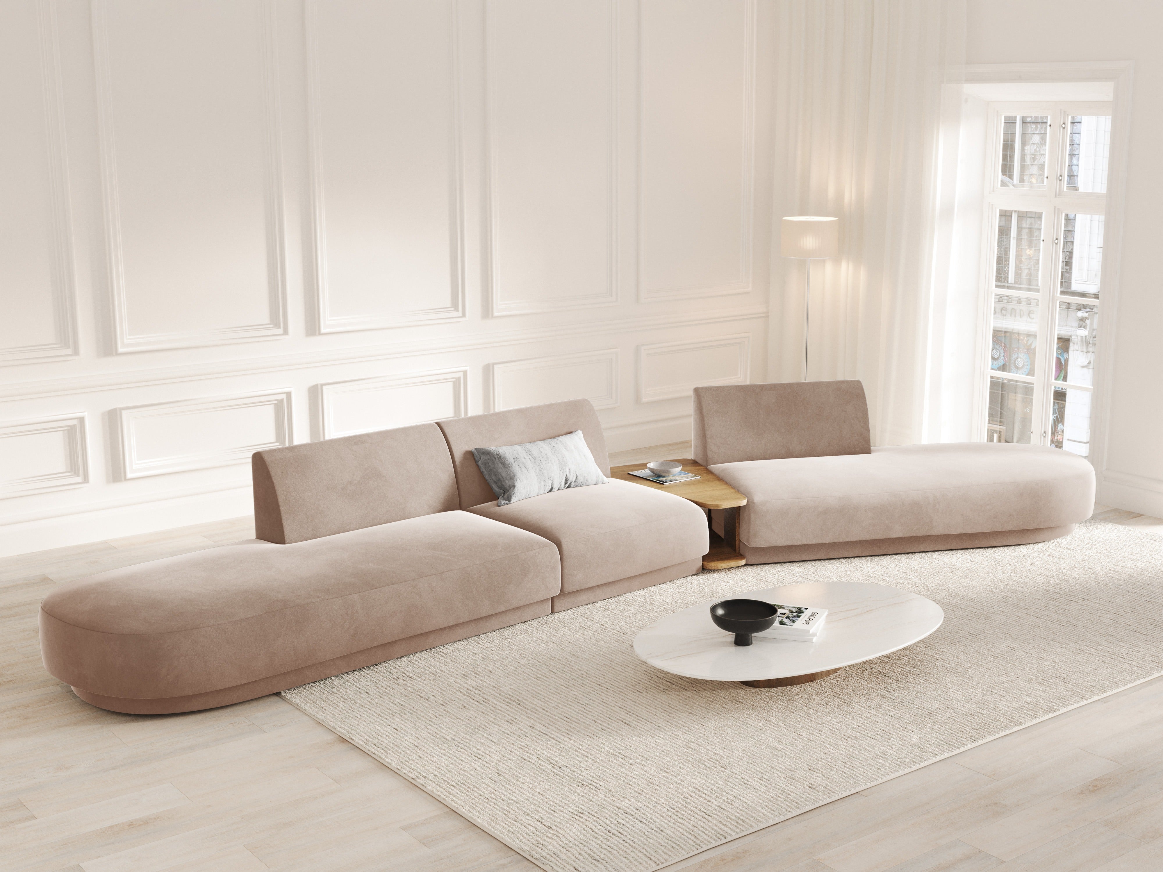 Sofa modułowa prawostronna ze stolikiem 5-osobowa aksamitna MILEY cappuccino