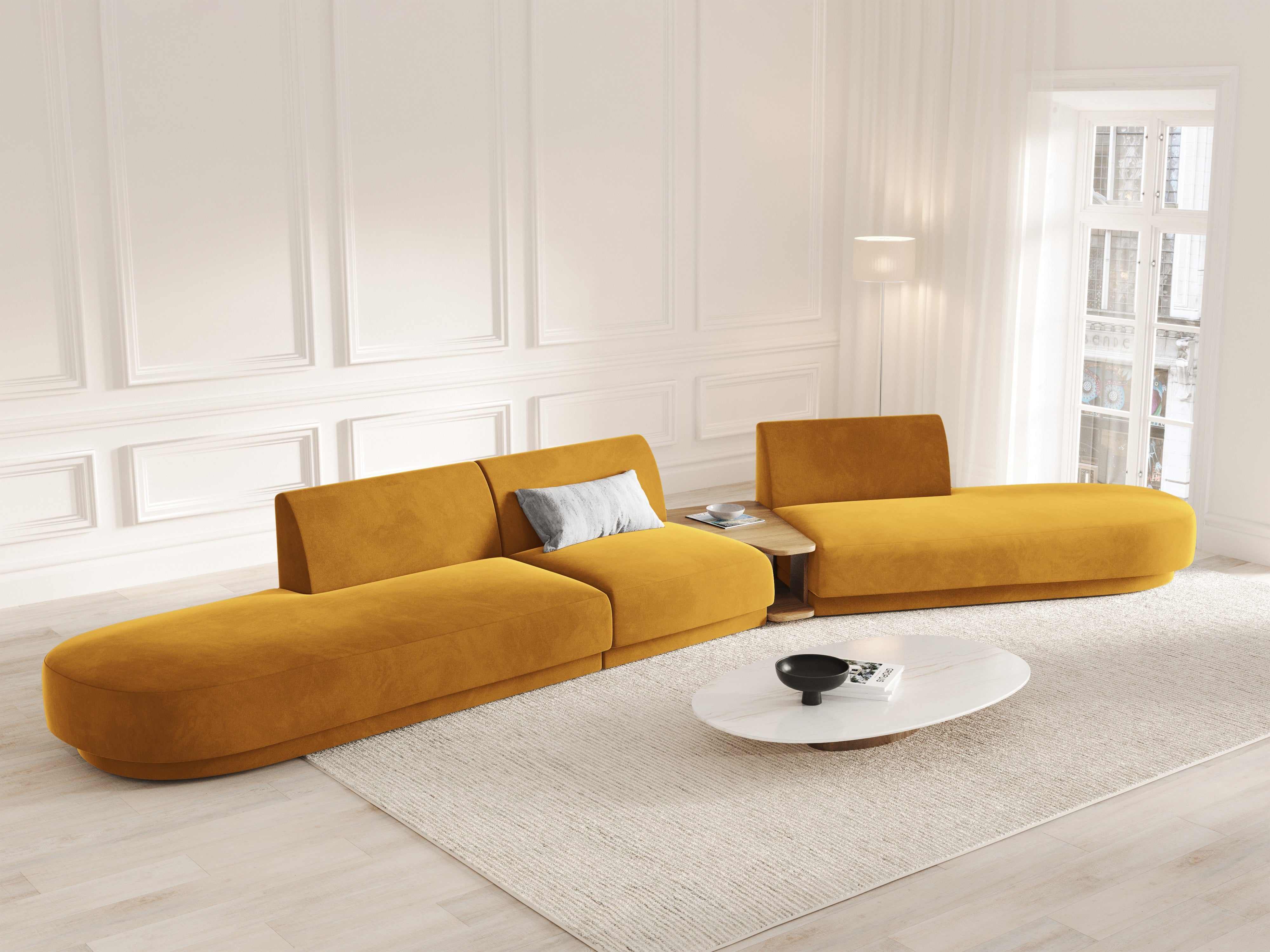 Sofa modułowa prawostronna ze stolikiem 5-osobowa aksamitna MILEY żółty