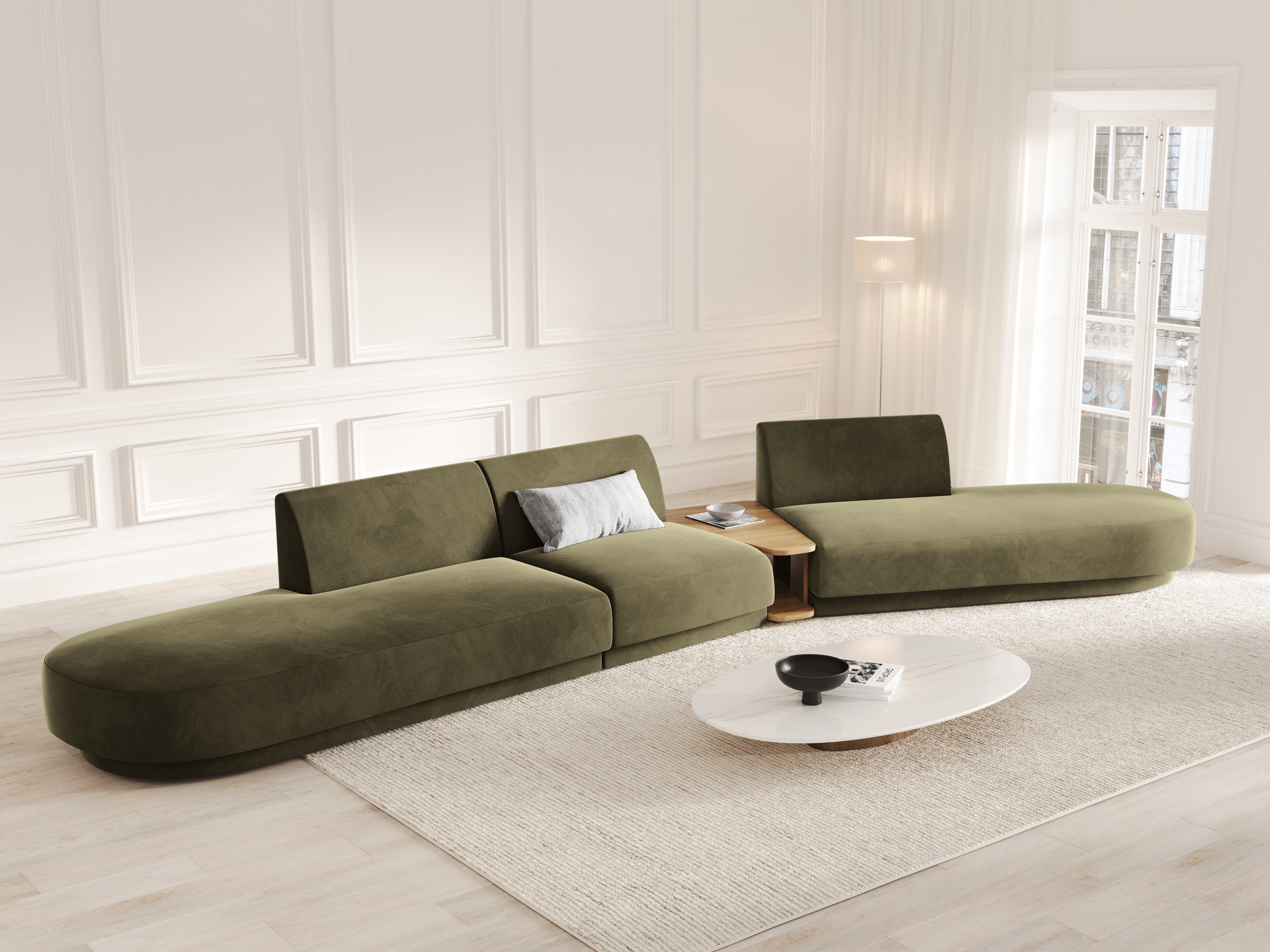 Sofa modułowa prawostronna ze stolikiem 5-osobowa aksamitna MILEY zielony