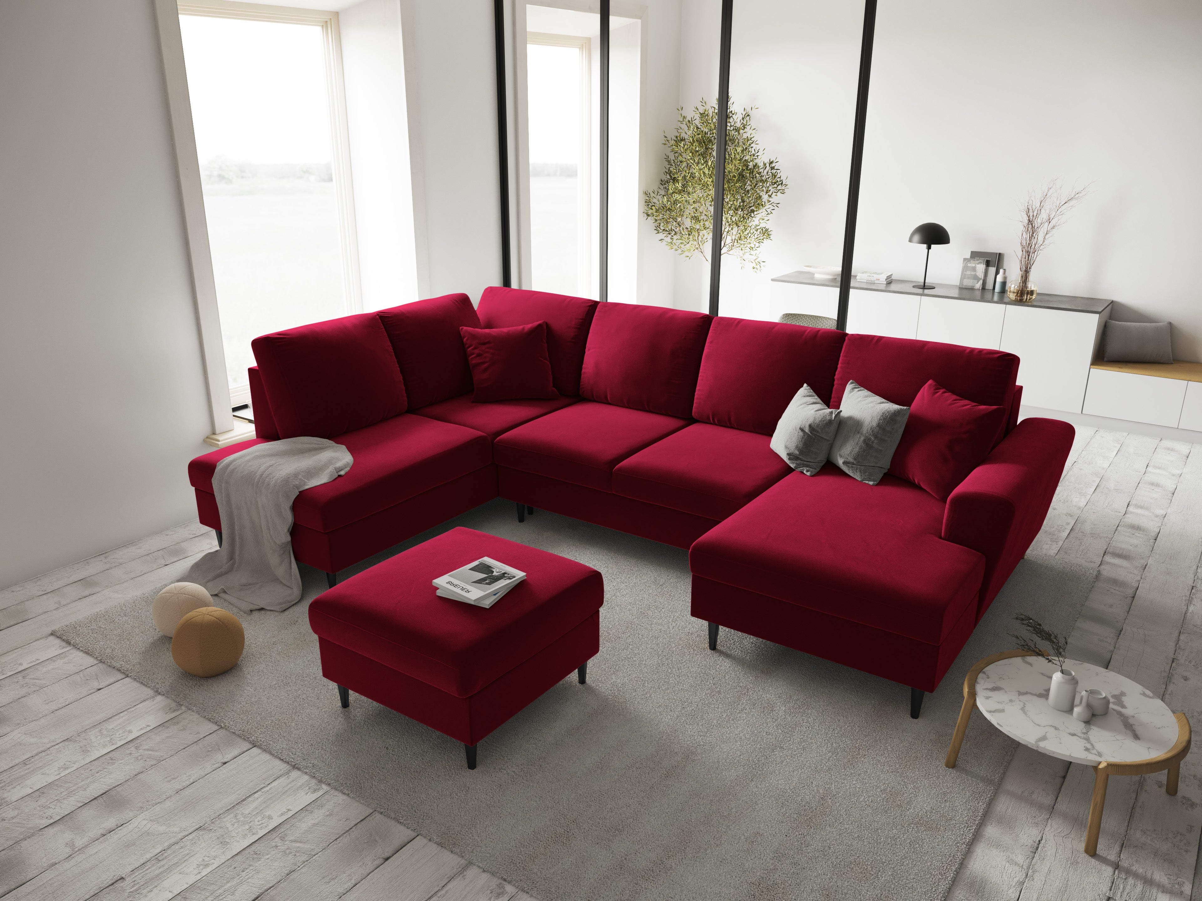 Narożnik lewostronny aksamitny panoramiczny z funkcją spania KYOTO czerwony z czarną podstawą Cosmopolitan Design    Eye on Design