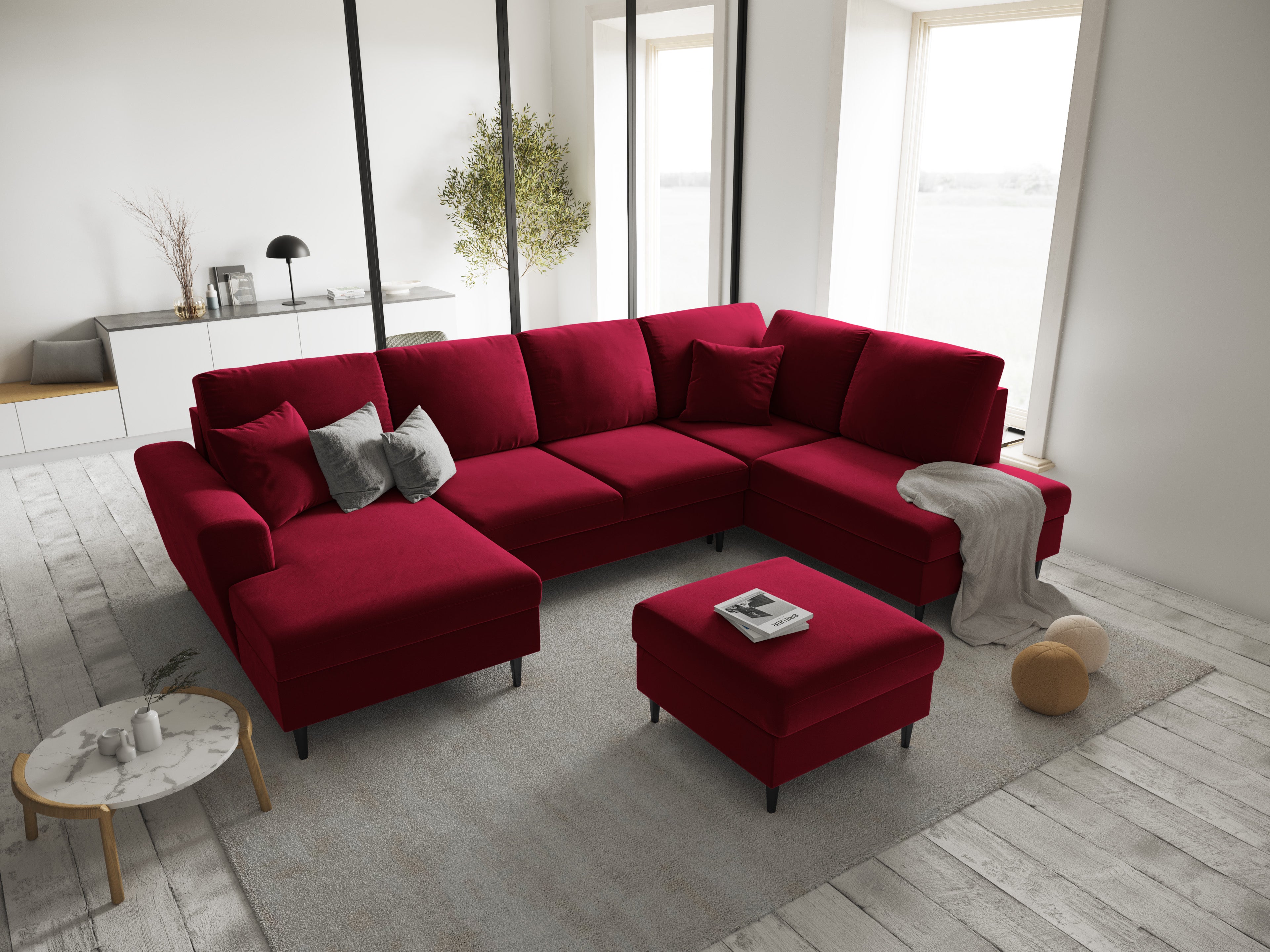 Narożnik prawostronny aksamitny panoramiczny z funkcją spania KYOTO czerwony z czarną podstawą Cosmopolitan Design    Eye on Design