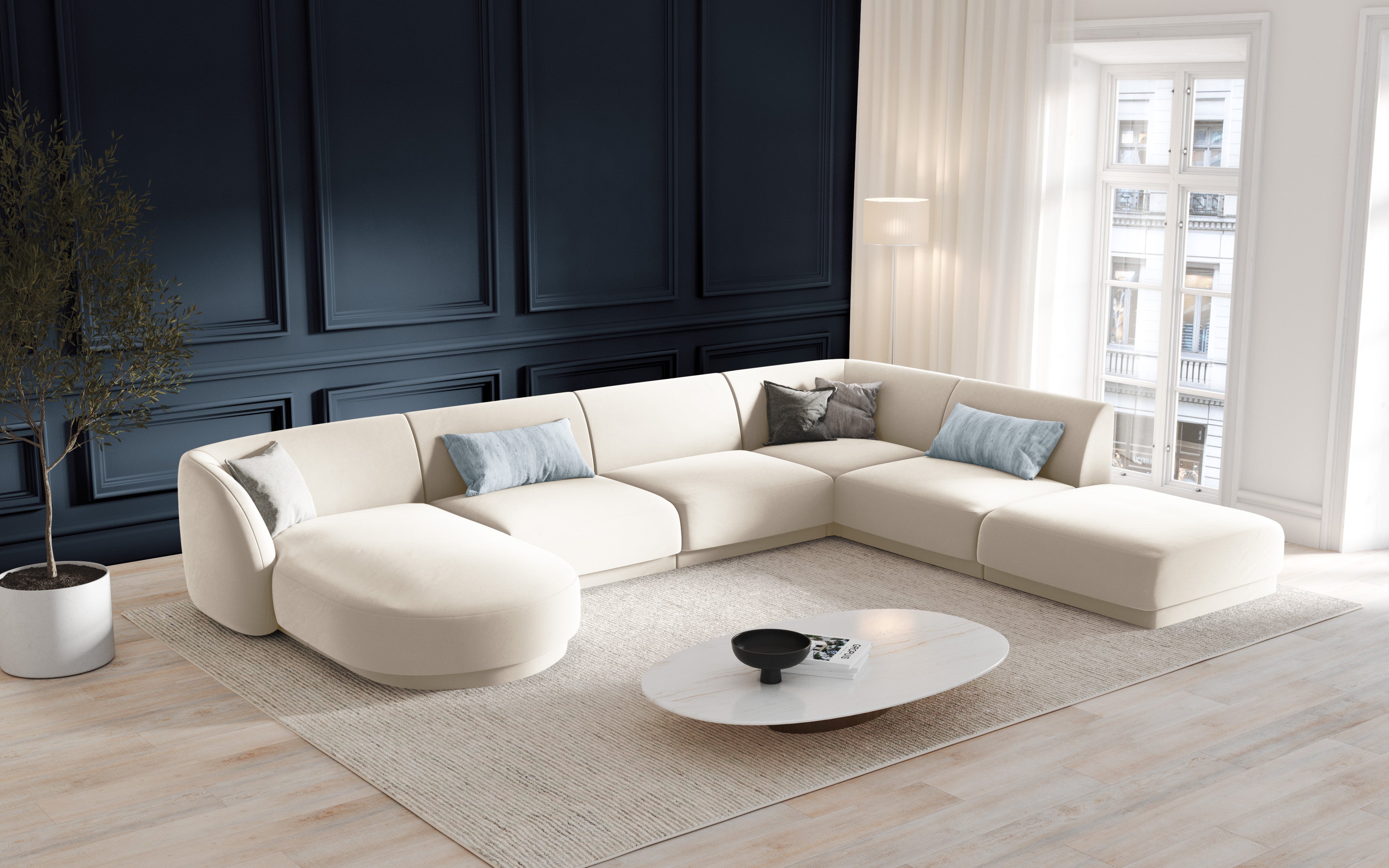 Modulares Sofa linksseitig für 6 Personen aus Samt MILEY hellbeige