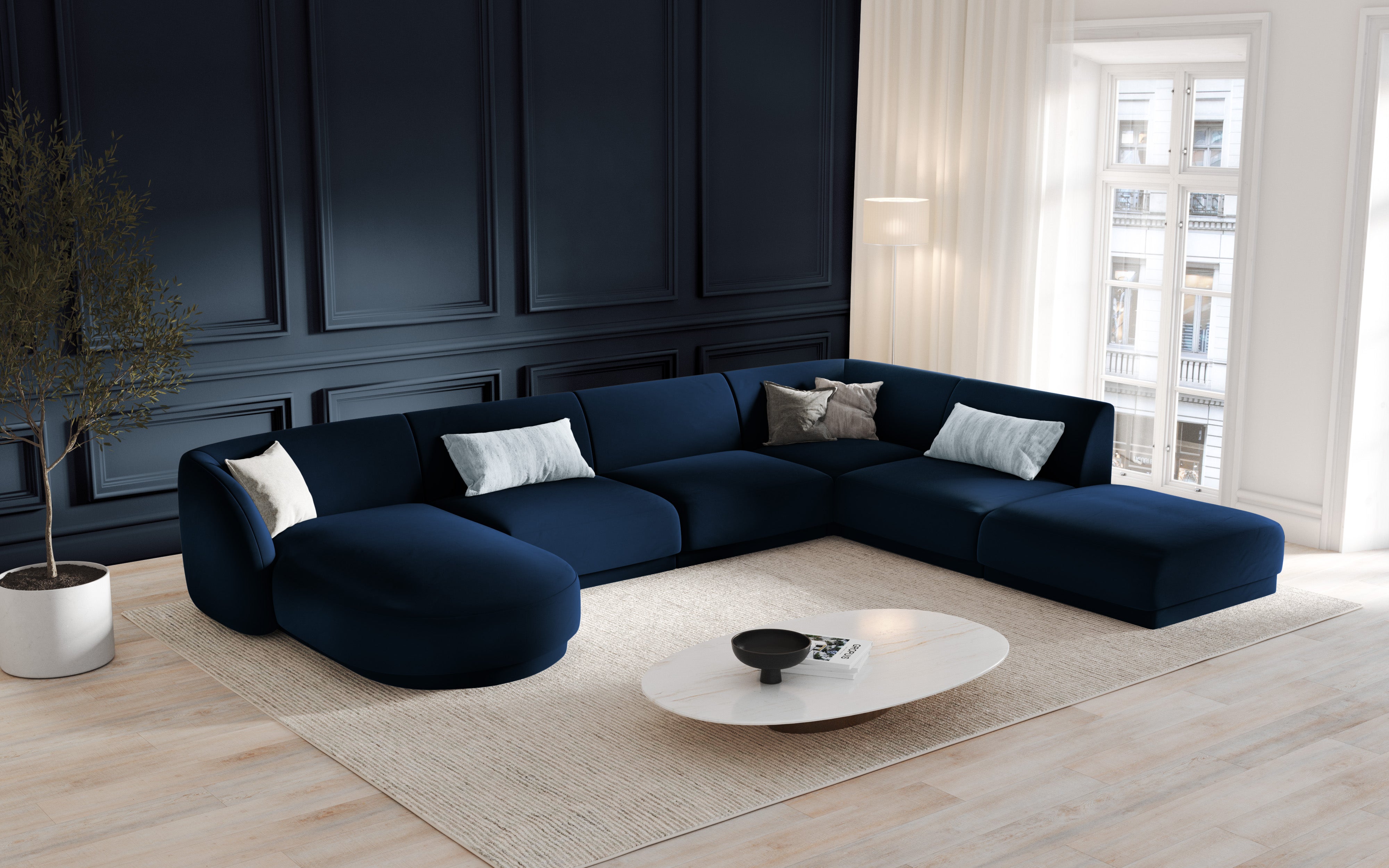 Modulares Sofa linksseitig für 6 Personen aus samtigem MILEY in königsblau