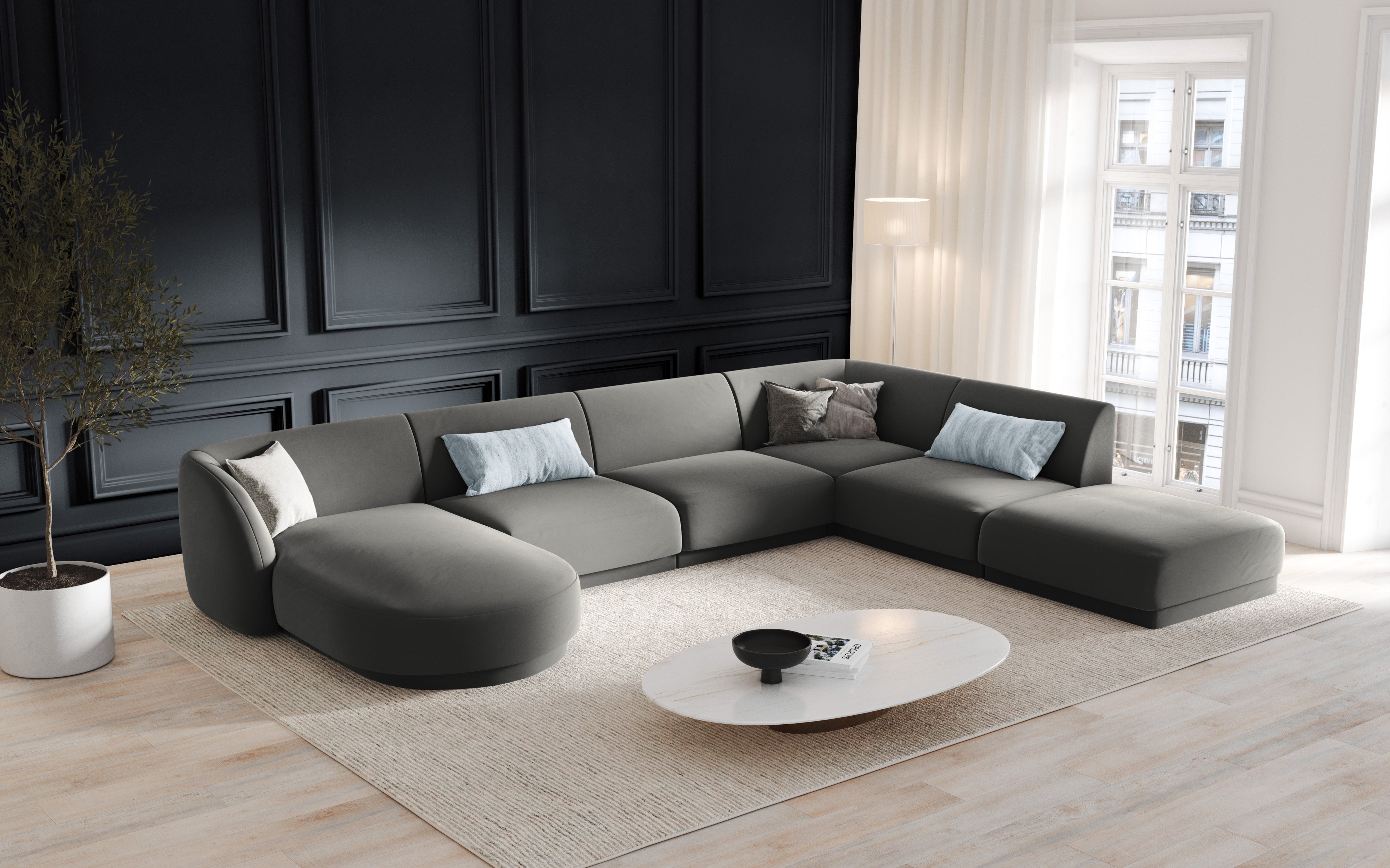 Modulares Sofa linksseitig für 6 Personen aus Samt MILEY hellgrau