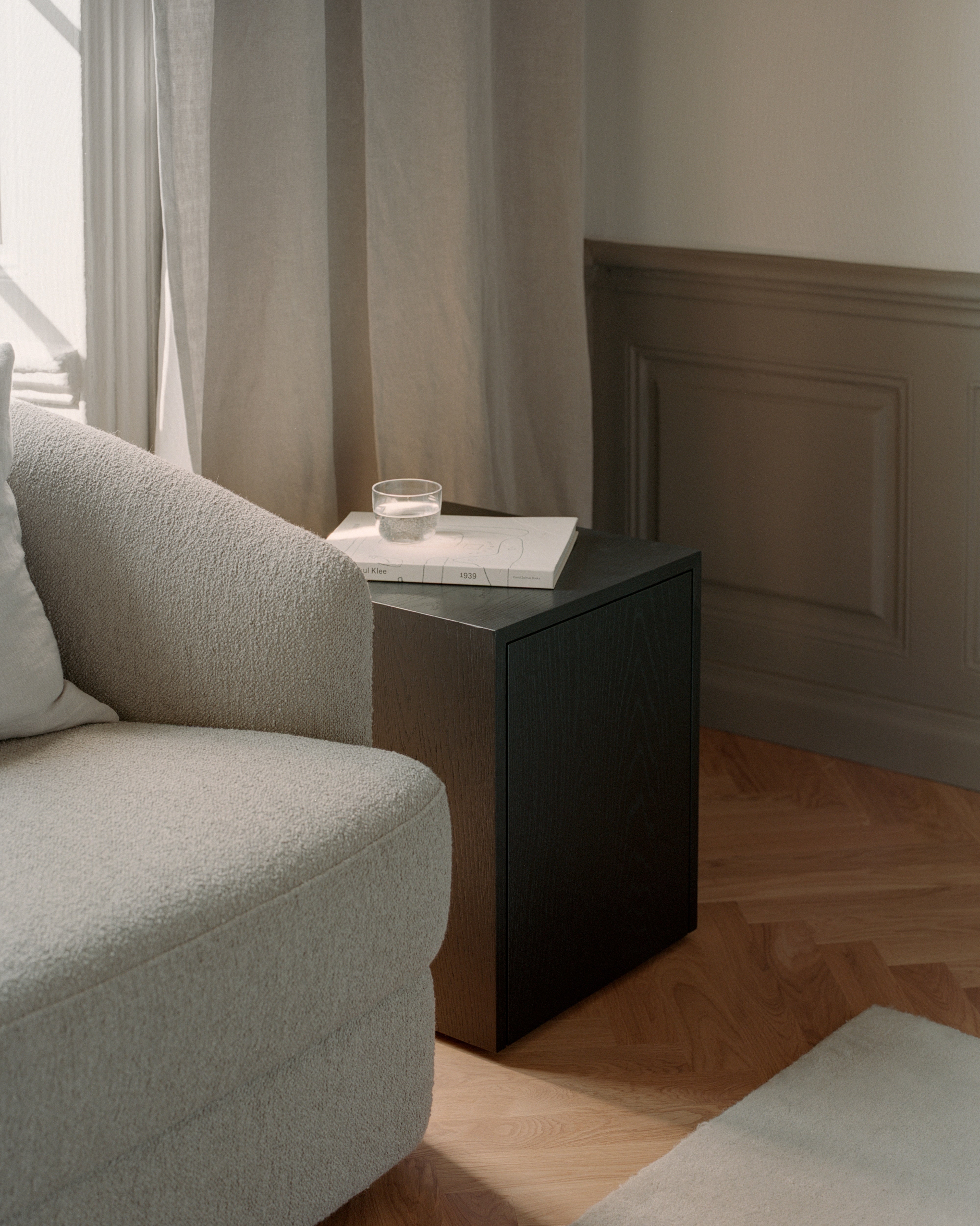 Side table with MASS drawer black oak veneer