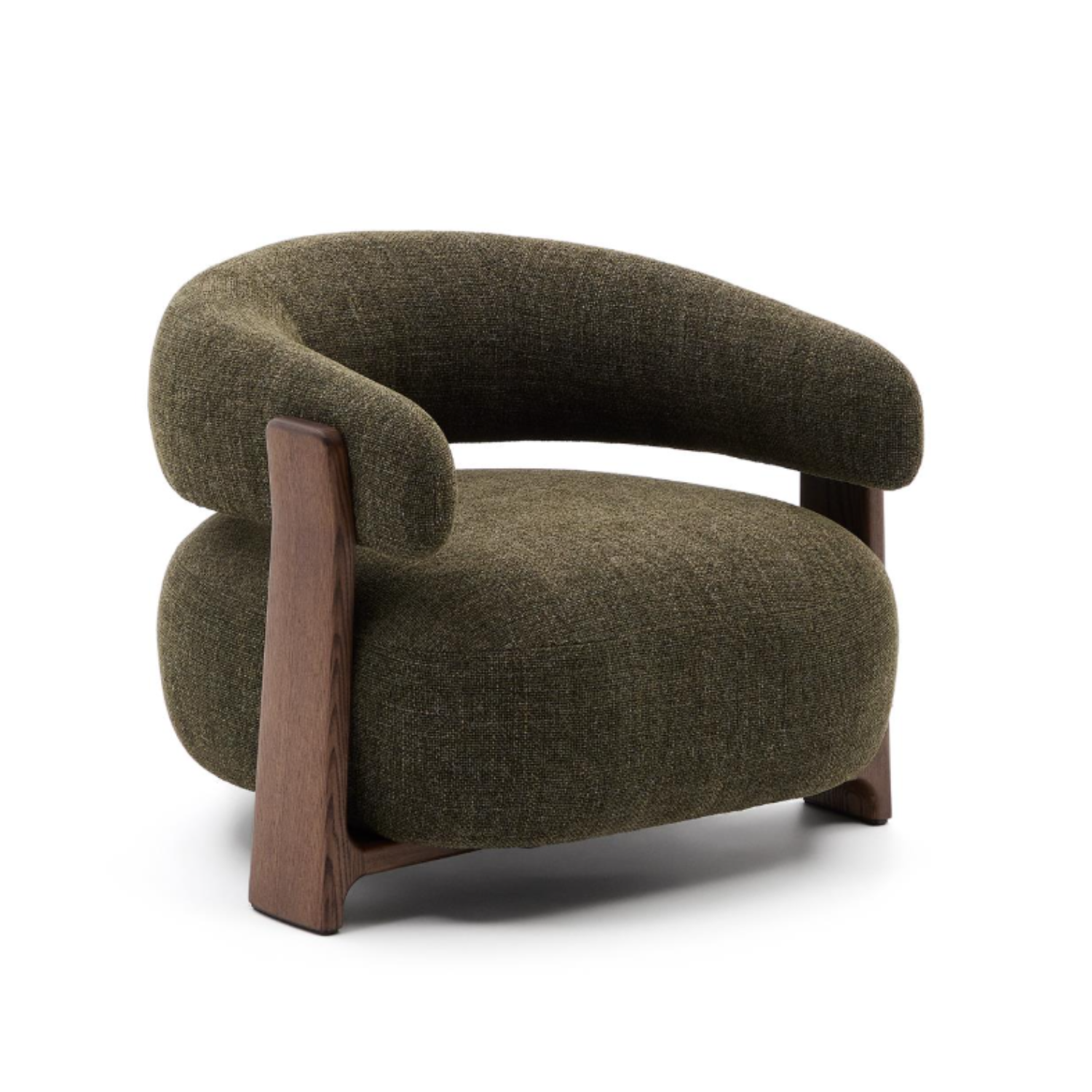 Green green armchair with a dark wooden base