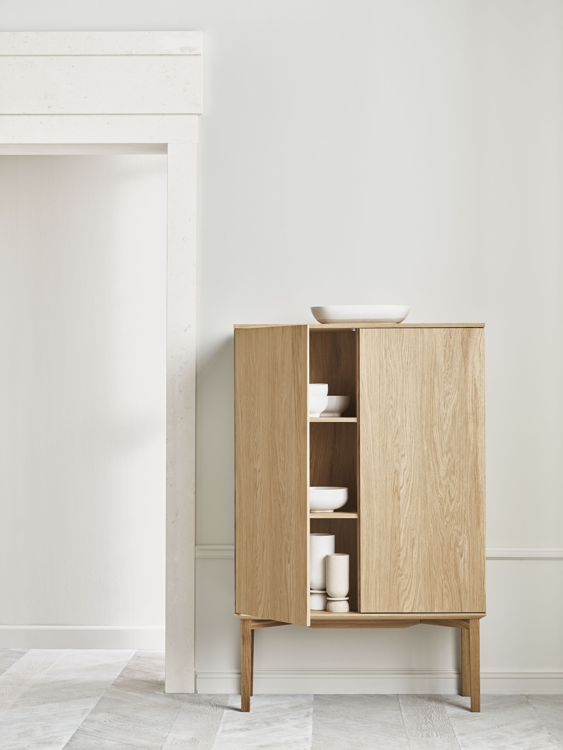 Silent cabinet bleached oak wood with a wooden base