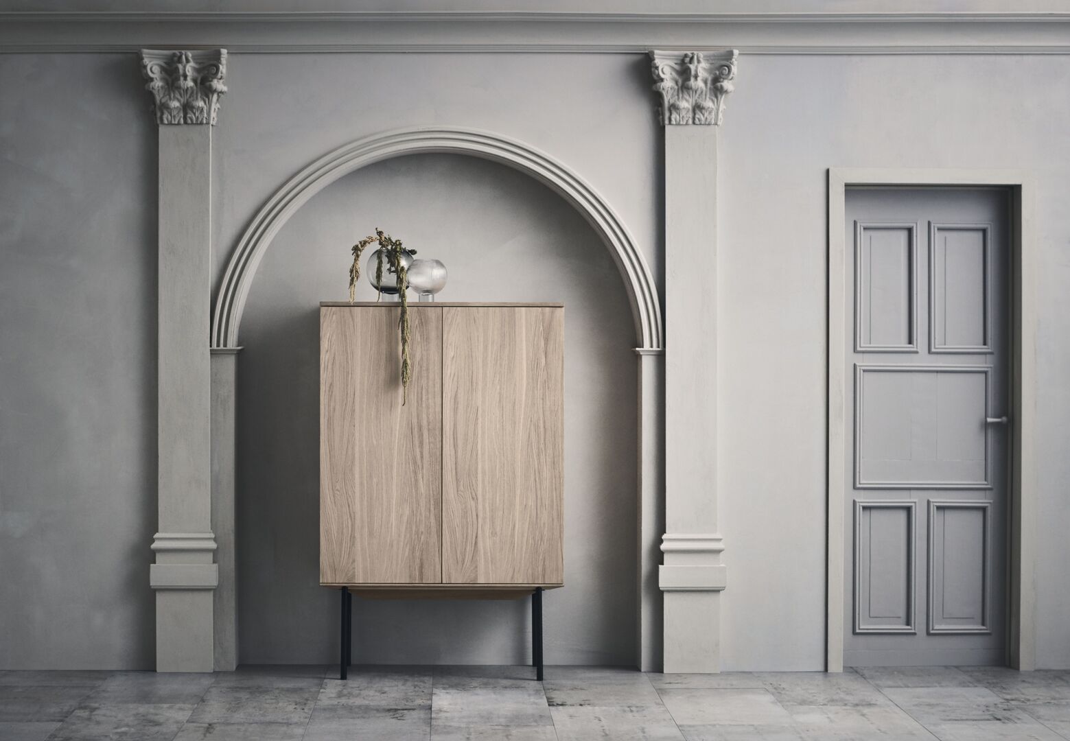 Silent cabinet bleached oak wood with a steel base