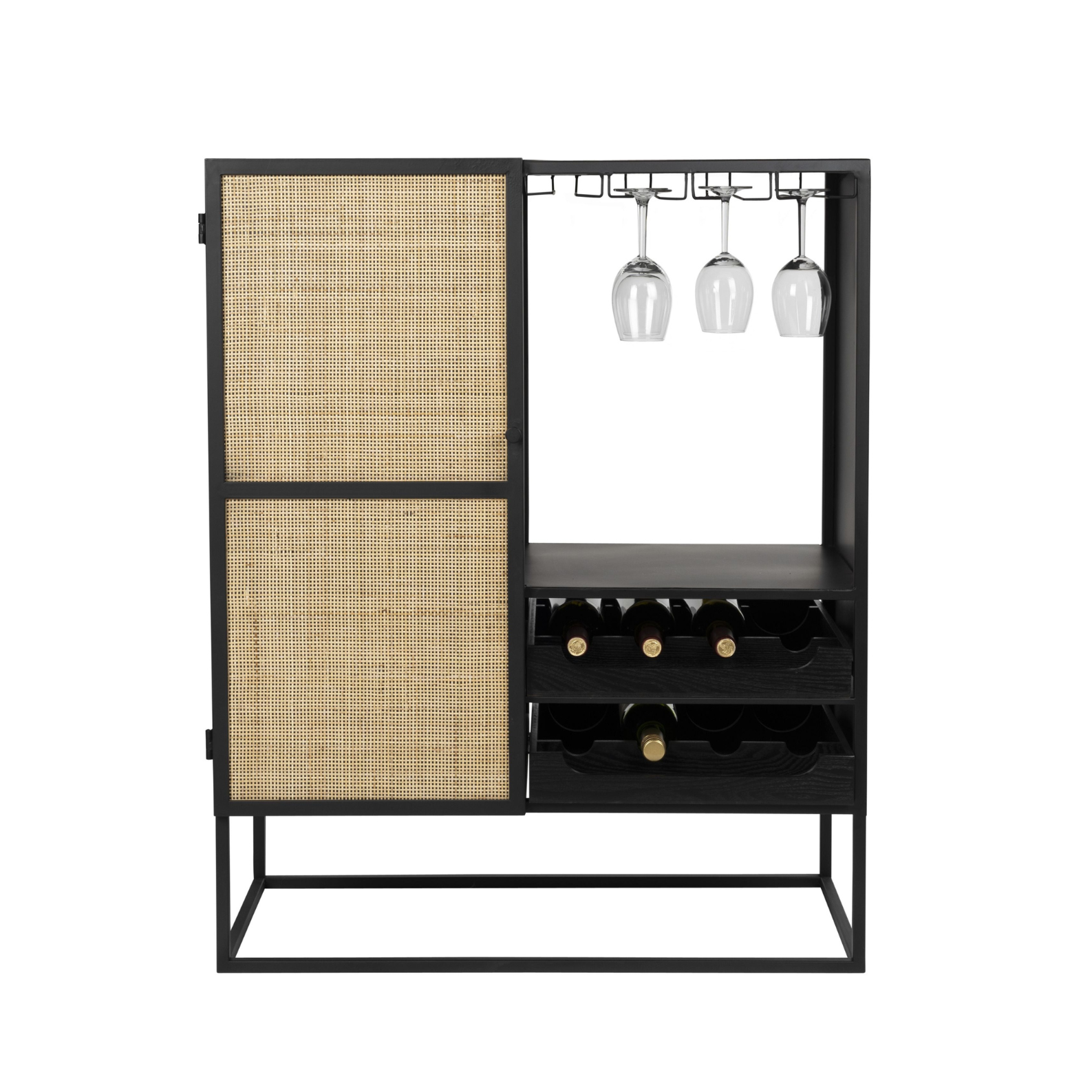 Schwarzer Weinschrank mit Rattan