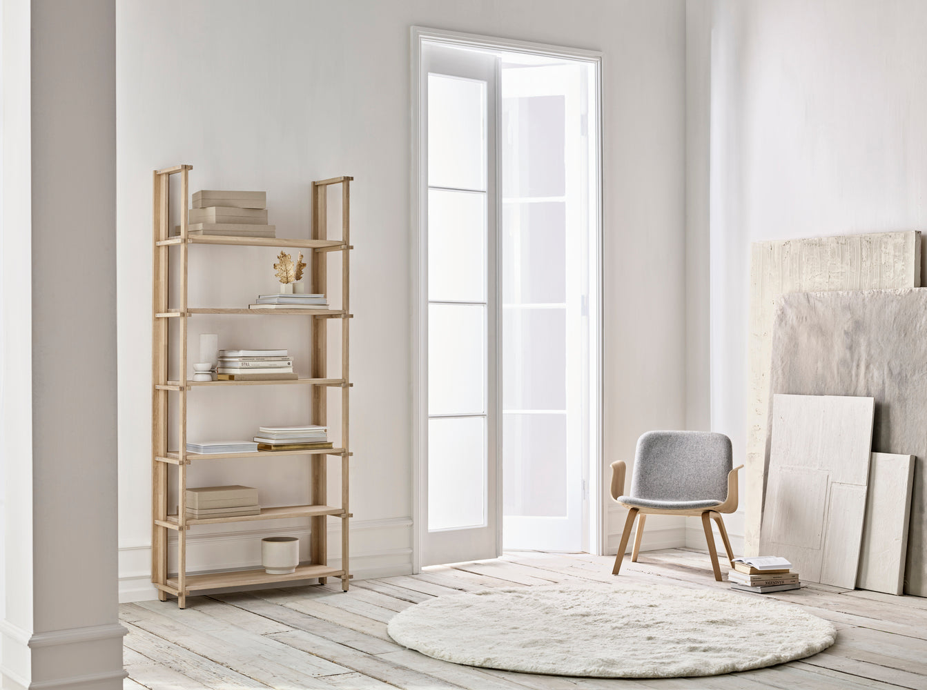 A shelf with friedman drawers bleached oak wood