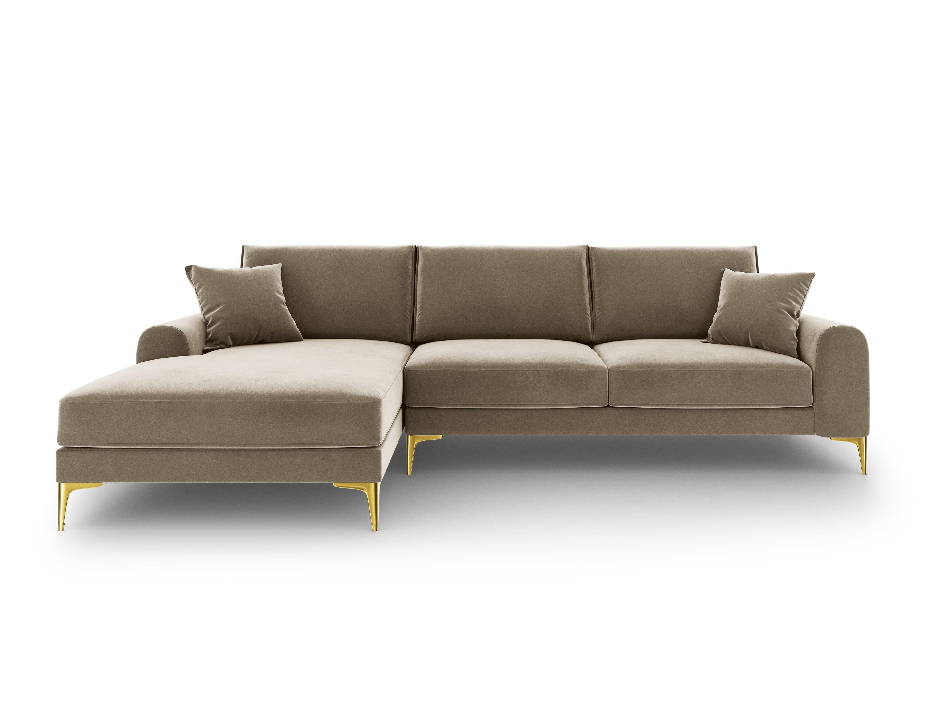 Narożnik aksamitny lewostronny MADARA cappuccino ze złotą podstawą Mazzini Sofas    Eye on Design